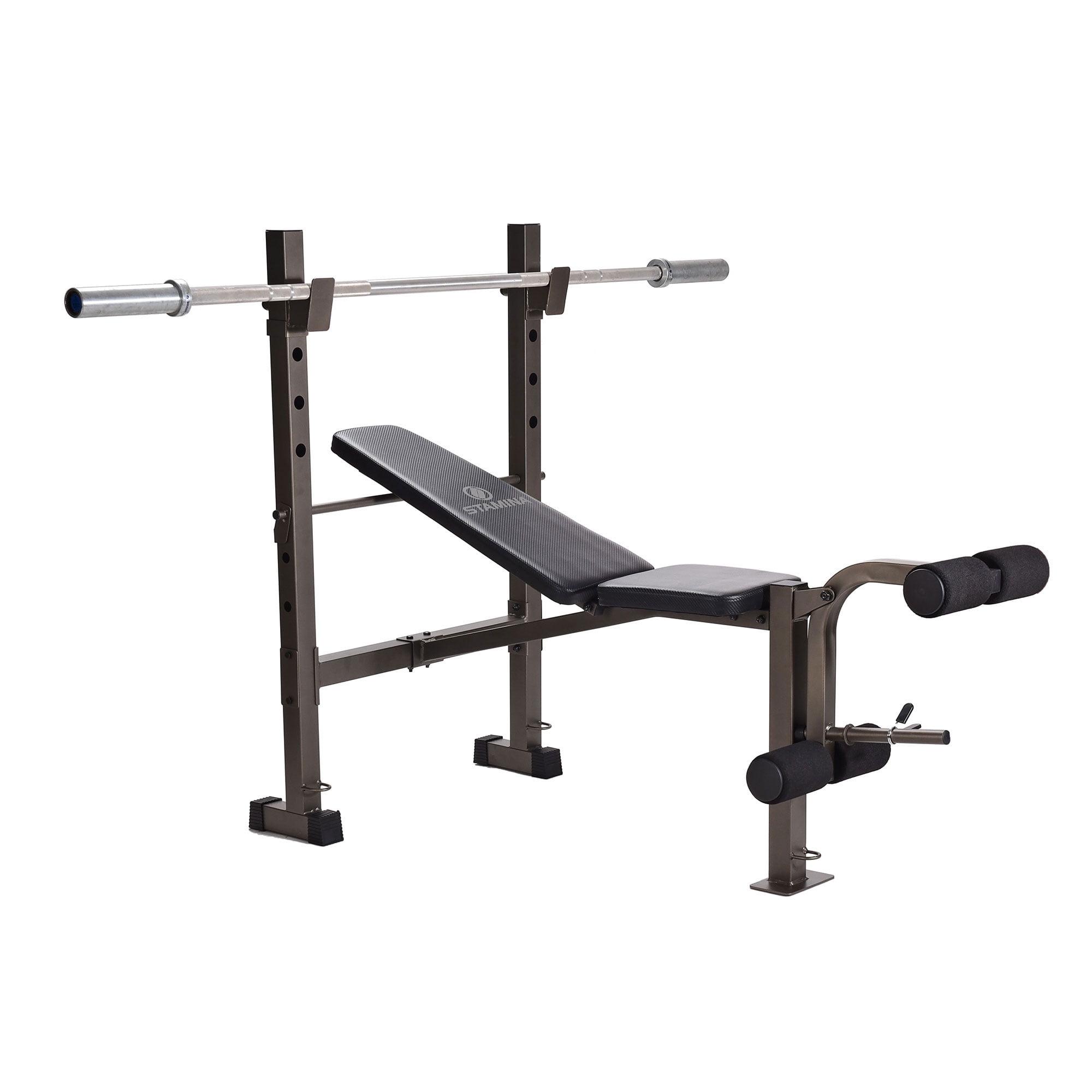 Stamina Adjustable Steel Weights Bench and Barbell Rack Combo Set with Resistance Band Anchor Points for Home Gym Workout or Exercise Equipment, Black