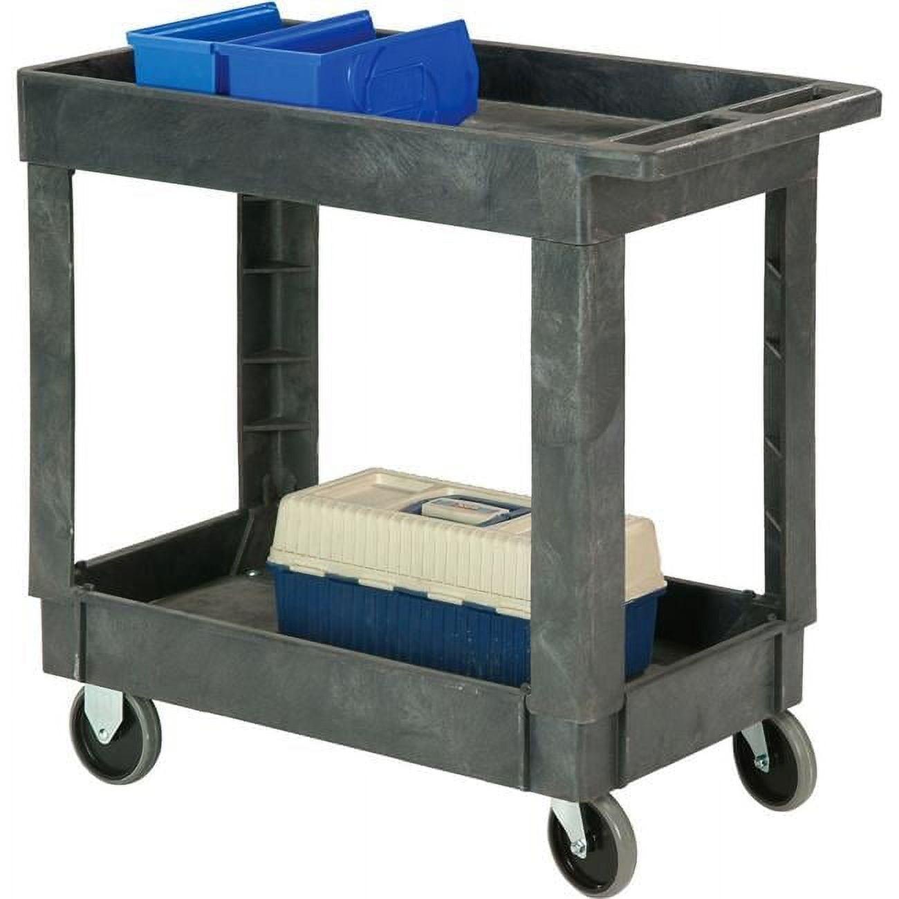 Gray Plastic Utility Cart with 2 Tray Shelves and Rubber Wheels