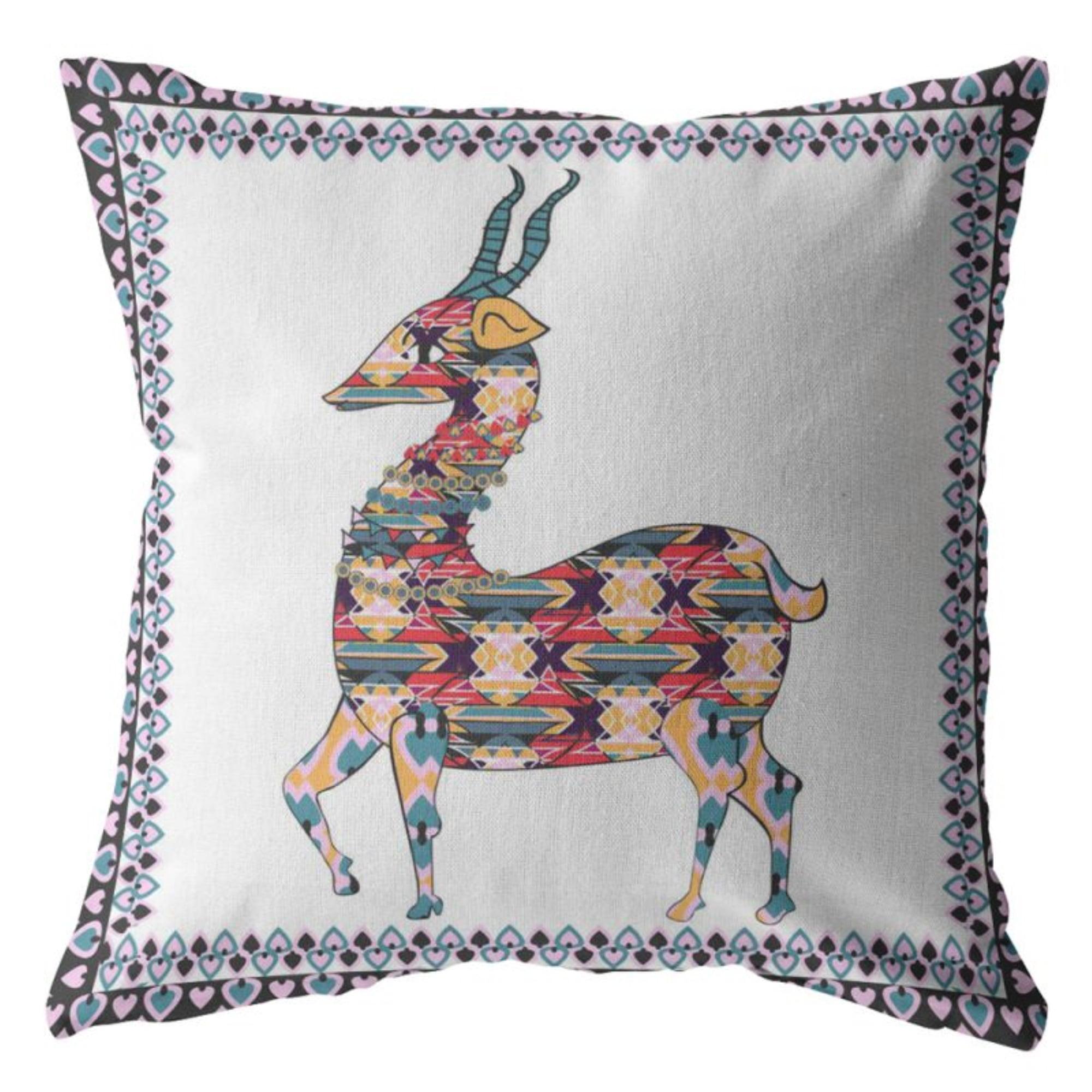 Standing Deer Throw Pillow with Removable Cover in Red and Blue on White 16x16