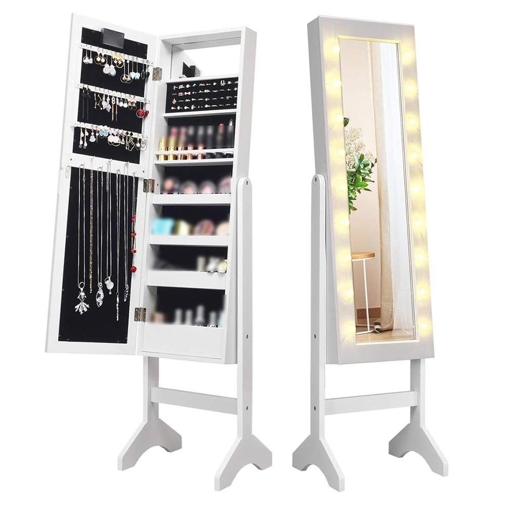 QuellQuest Standing Jewelry Armoire with 18 LED Lights Around the Door, Large Storage Mirrored Jewelry Cabinet with Full Length Mirror, 16 Lipstick Holders, 1 Inside Makeup Mirror (White)