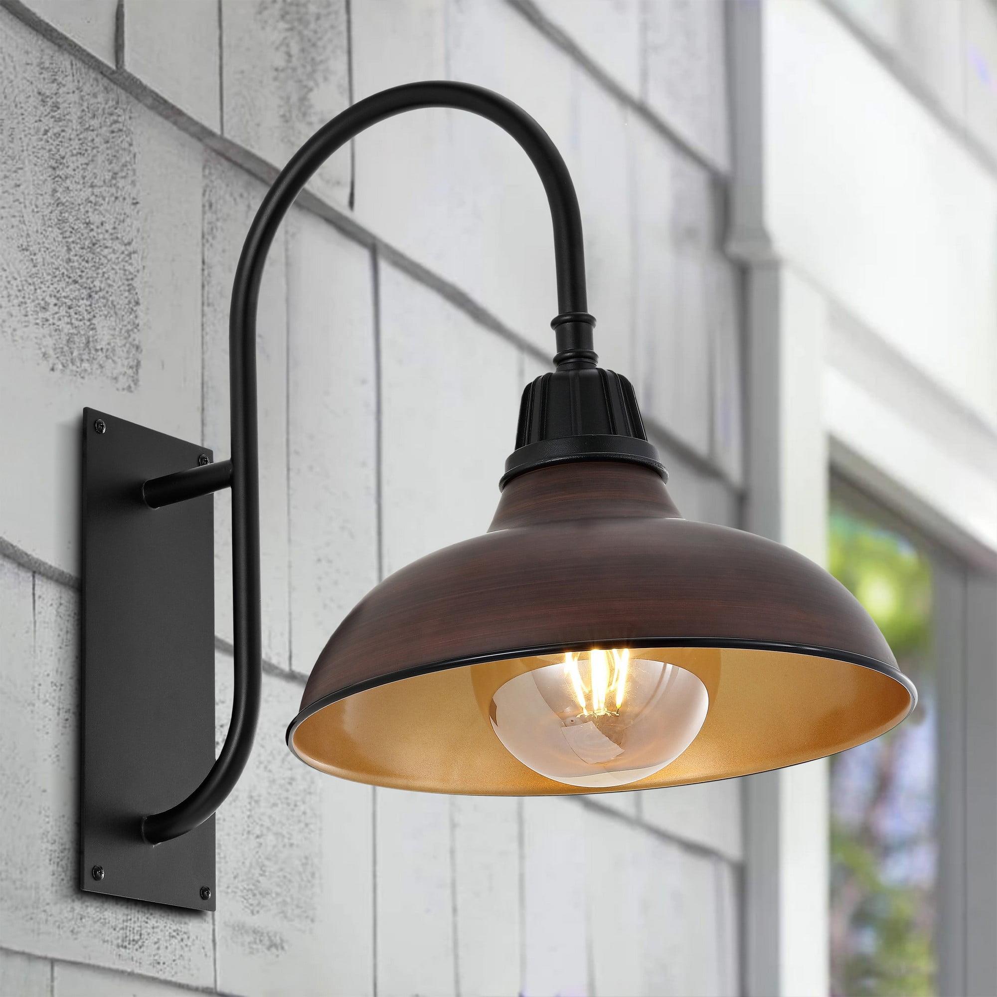 Stanley 12.25" 1-Light Farmhouse Industrial Indoor/Outdoor Iron LED Gooseneck Arm Outdoor Sconce, Wood Finish/Copper