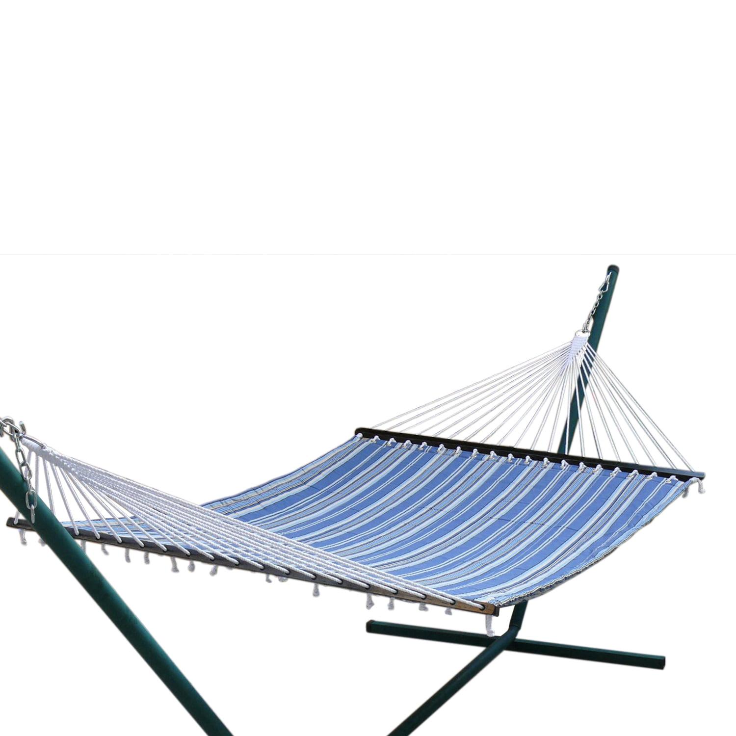 Blue Striped Cotton Canvas Double Hammock with Hardwood Spreader Bars