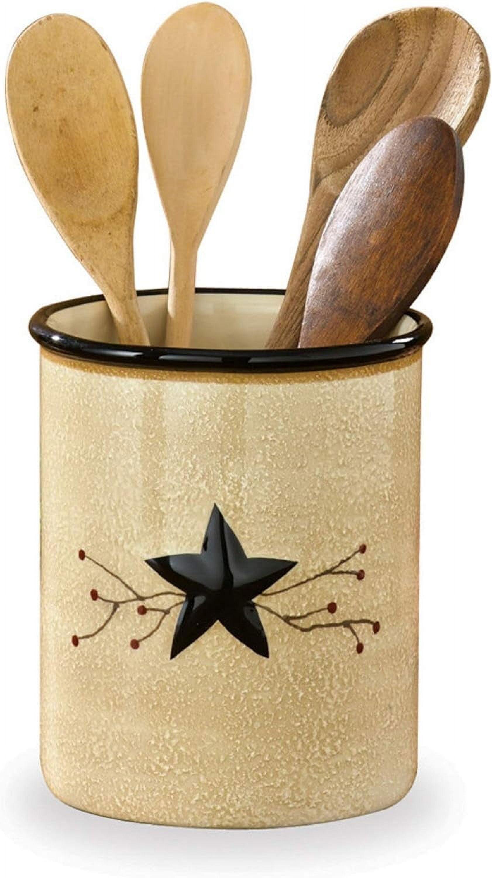 Hand-Painted Beige Ceramic Utensil Crock with Black Star