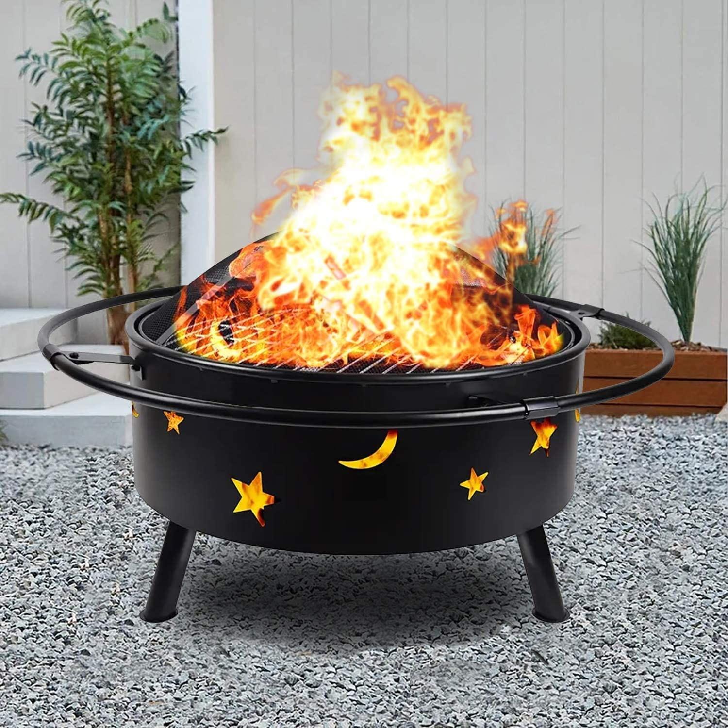 Black Steel Star and Moon Wood Burning Fire Pit