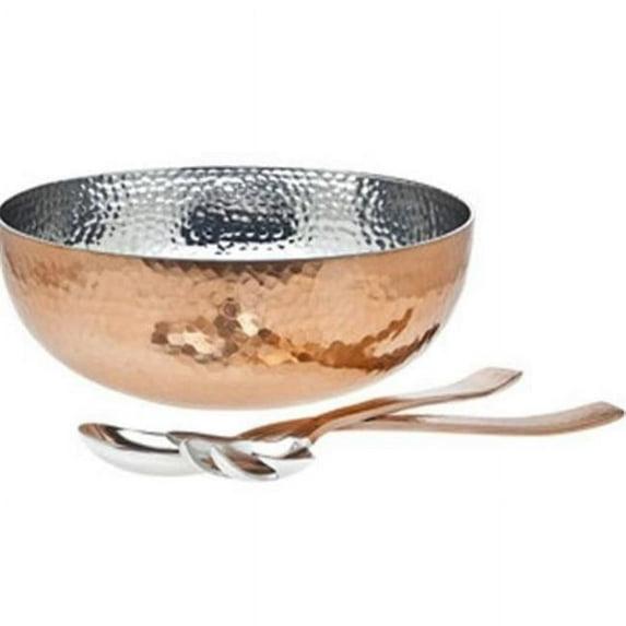 Classic Hammered Copper Salad Serving Bowl with Utensils