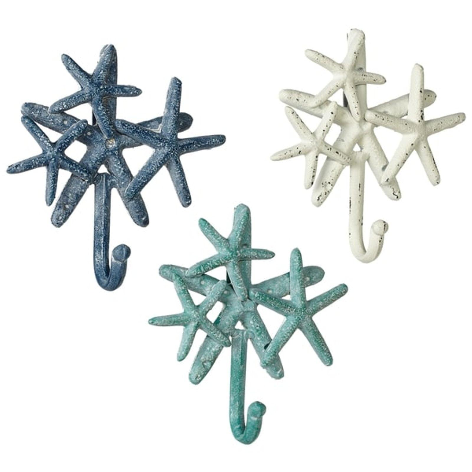 Starfish Cluster Single Wall Hooks Set of 3 Cast Iron Blue White Teal