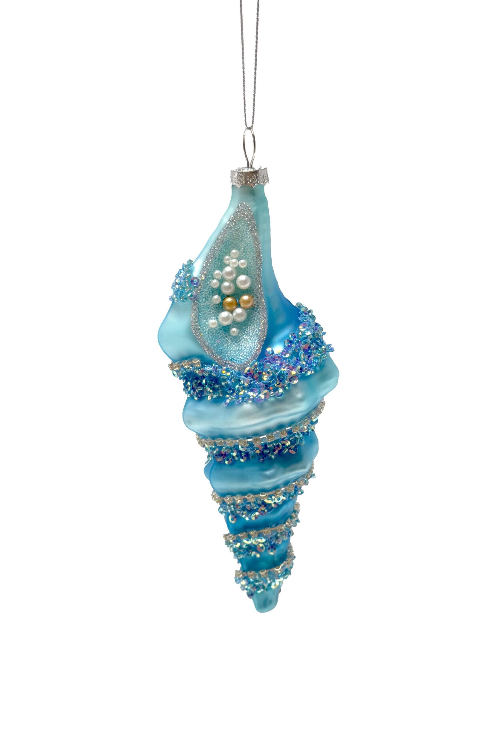 Handcrafted Blue Glass Conch Shell Hanging Ornament Set