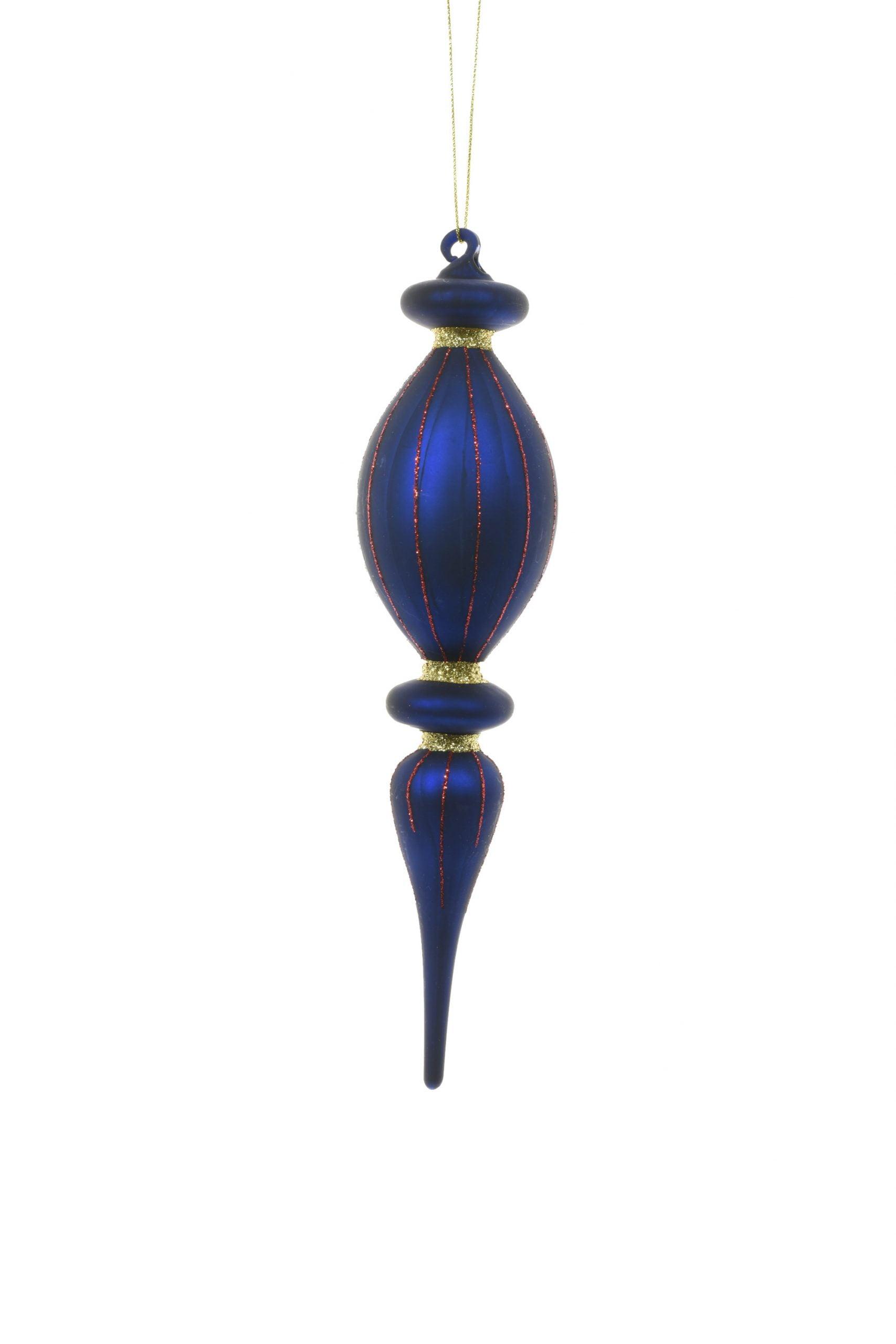 Royal Blue Glass Finial Ornament with Red and Gold Glitter