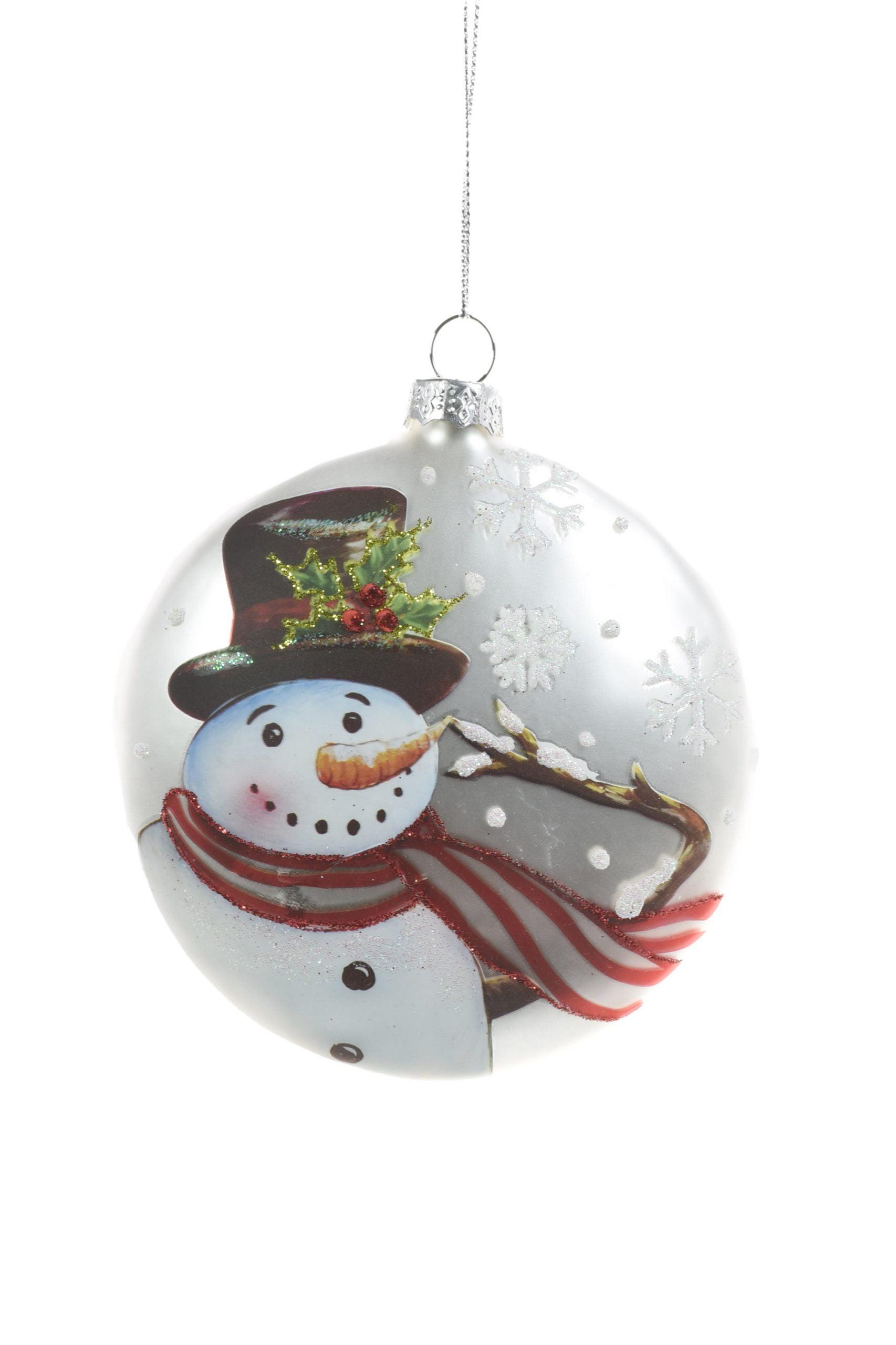 Silver Glass Holiday Ornament Set with Jolly Snowman