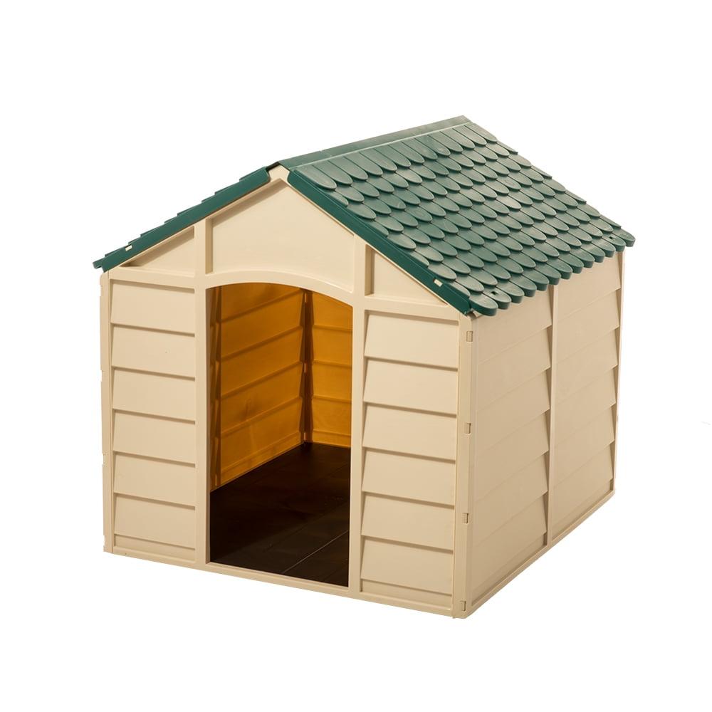 Large Beige and Green Plastic Dog House with Open Doorway