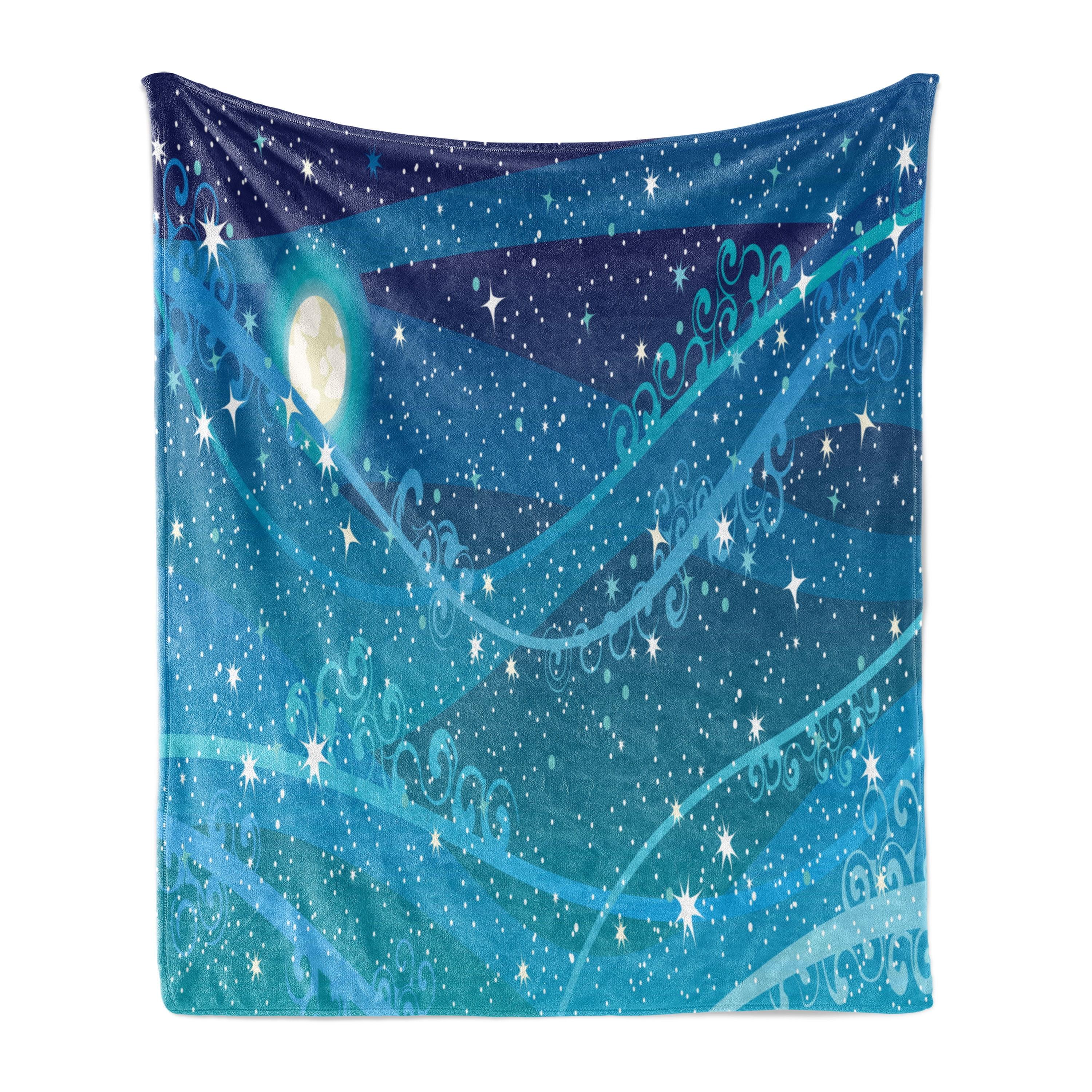 Starry Night Blue Fleece Throw Blanket Full Moon Design