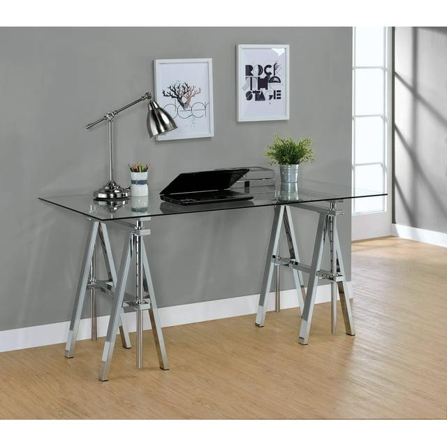 Statham Glass Top Adjustable Sawhorse Standing Desk Chrome - Coaster: Industrial Style, Manual Height Adjustability