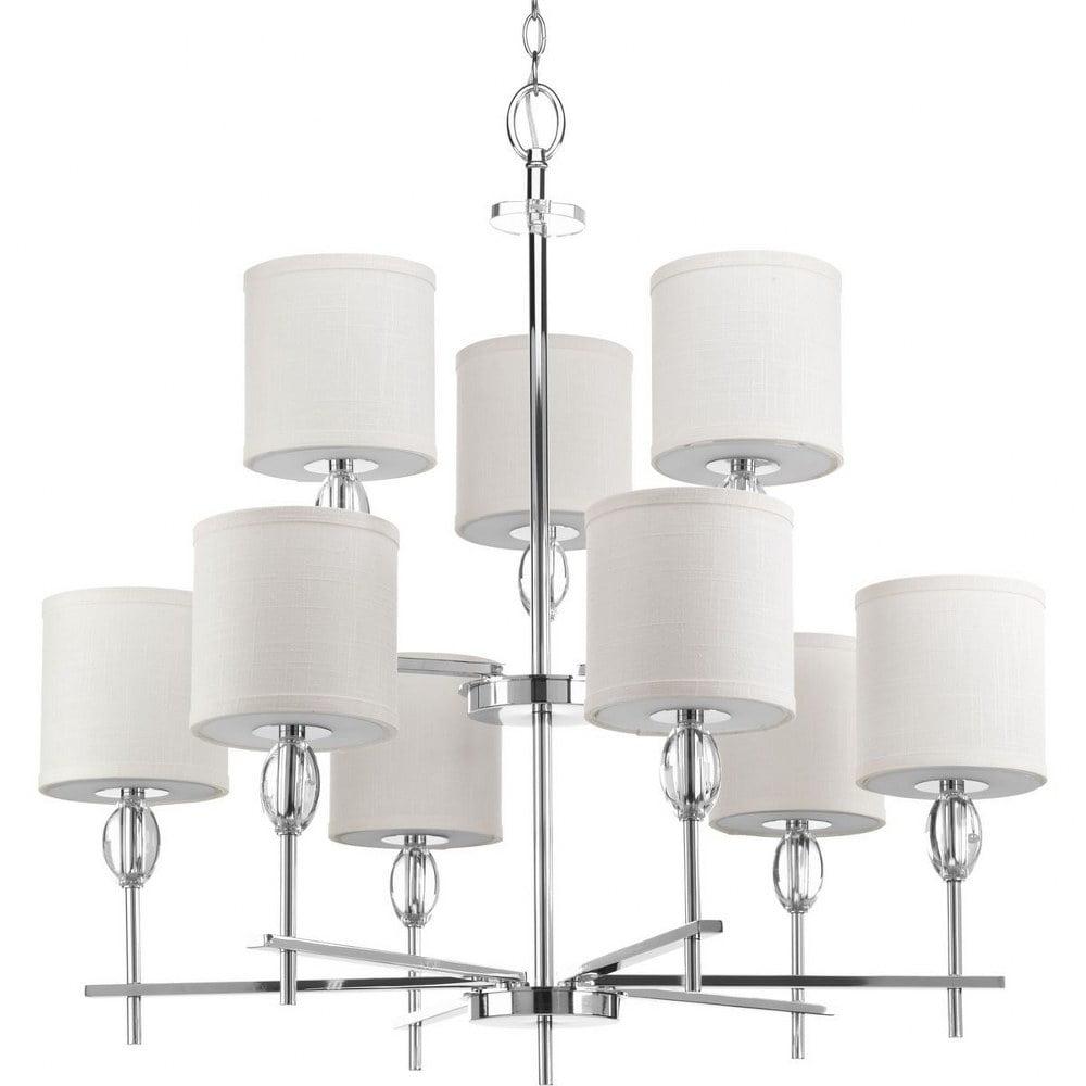 Chrome and Crystal 9-Light Chandelier with Off-White Shades