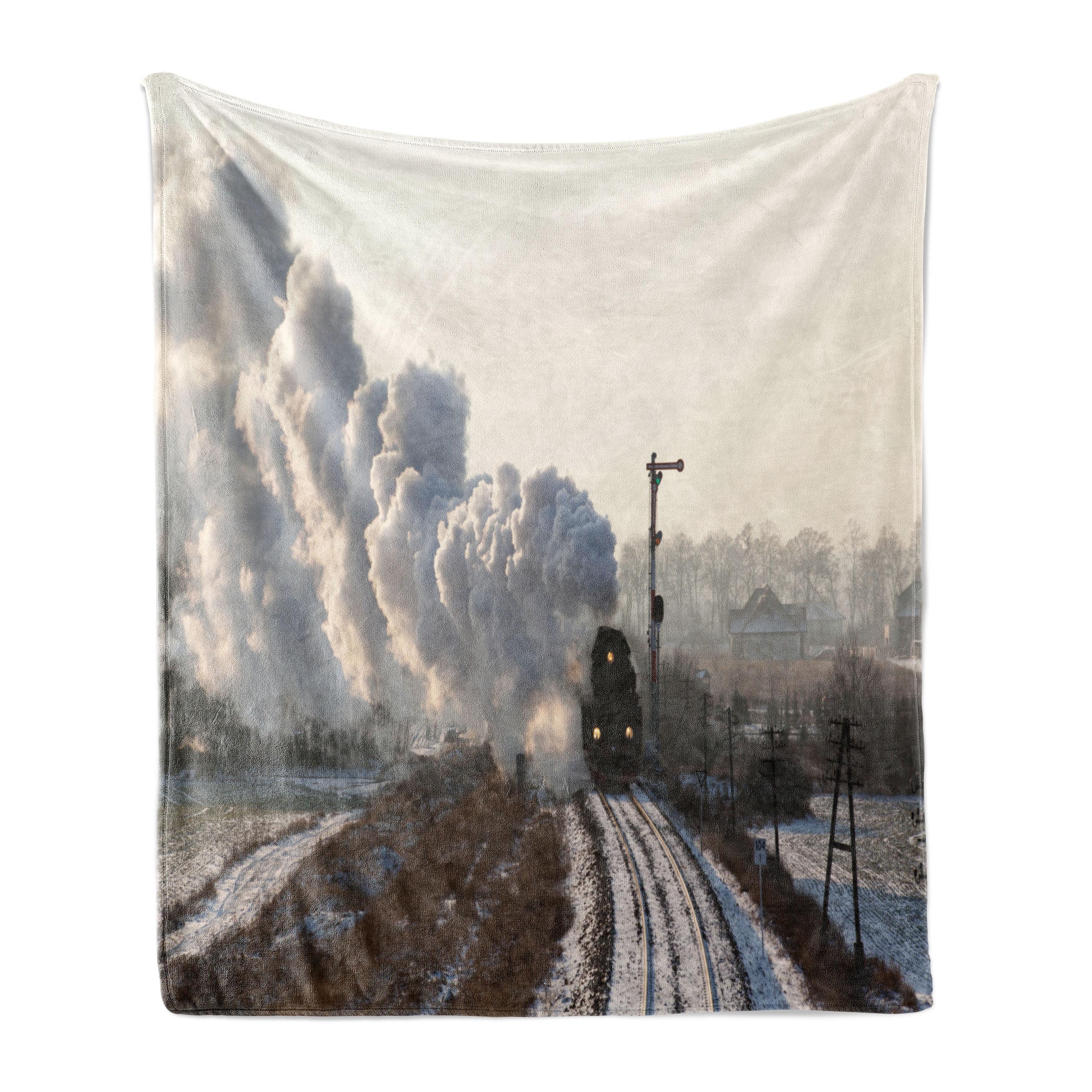 Pale Grey Fleece Throw Blanket with Train Scene, 50" x 60"