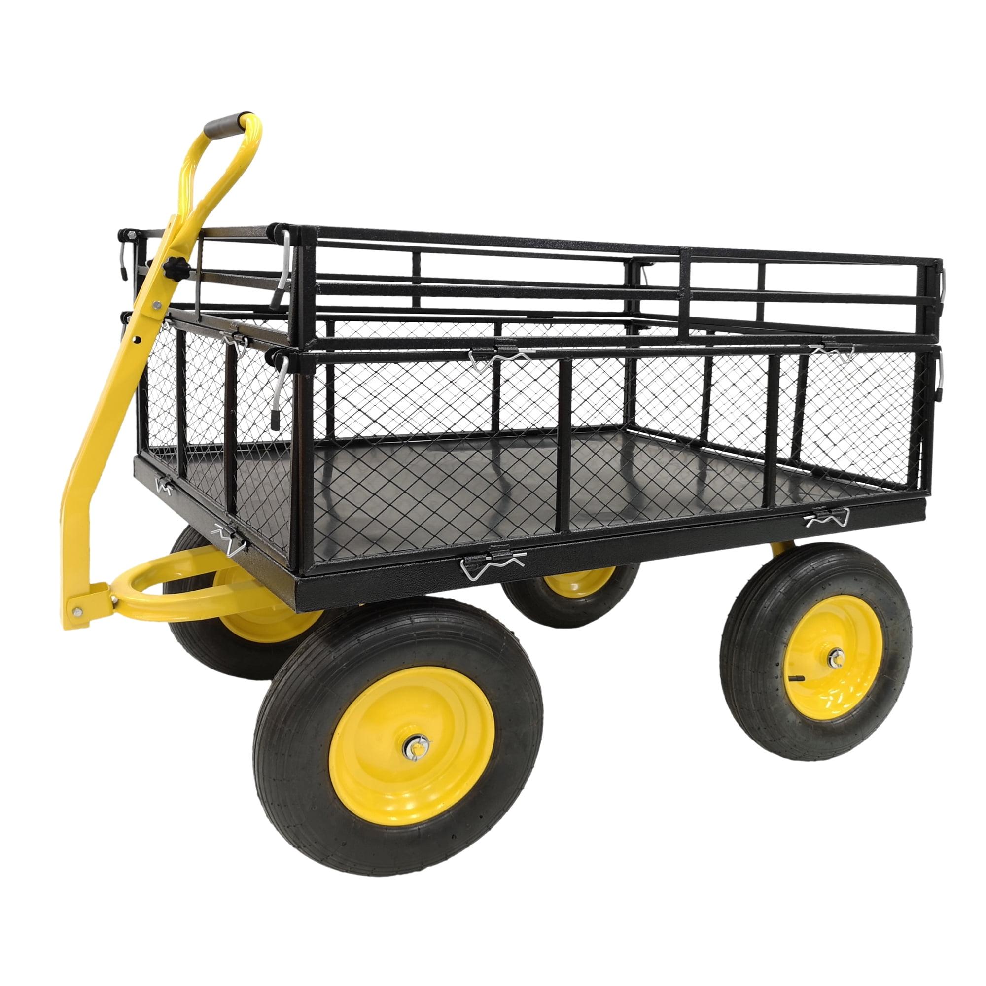 Steel Garden Cart, Heavy Duty 1400 lbs Capacity, with Removable Mesh Sides to Convert into Flatbed, Utility Metal Wagon with 2-in-1 Handle and 16 in Tires, Perfect for Garden, Farm, Yard