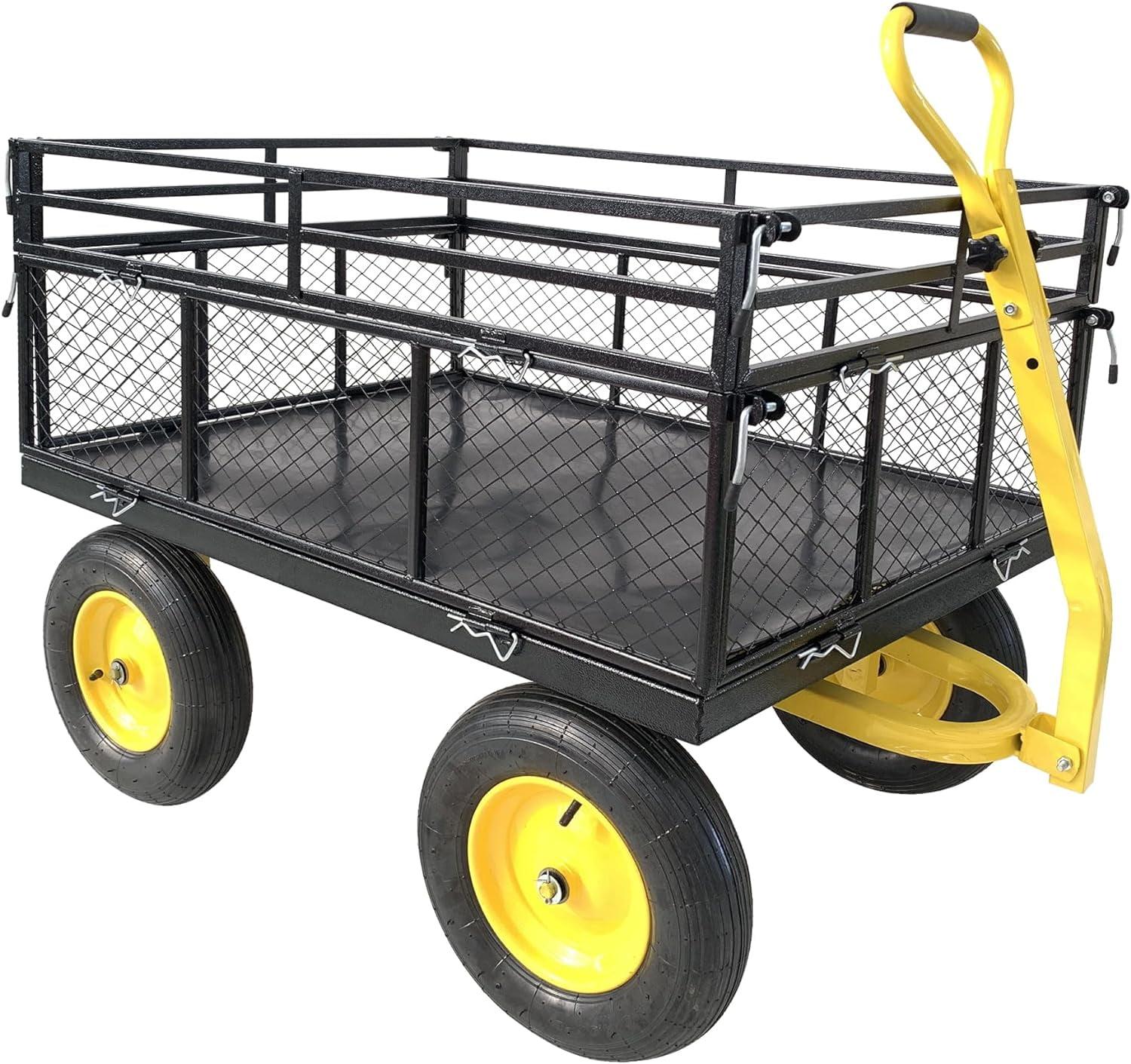 Steel Garden Cart, Heavy Duty 1400 lbs Capacity, with Removable Mesh Sides to Convert into Flatbed, Utility Metal Wagon with 2-in-1 Handle and 16 in Tires, Perfect for Garden, Farm, Yard