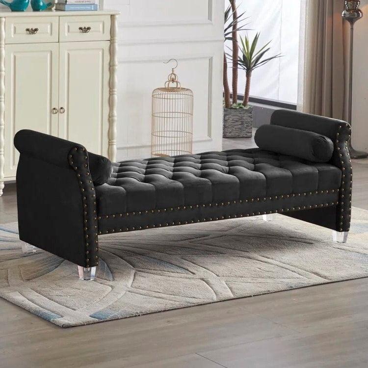 Stefania 71-inch Rolled Arm Oversized Velvet Tufted Upholstered Bench Standard Benches Black Velvet Victorian,Mid-Century Modern