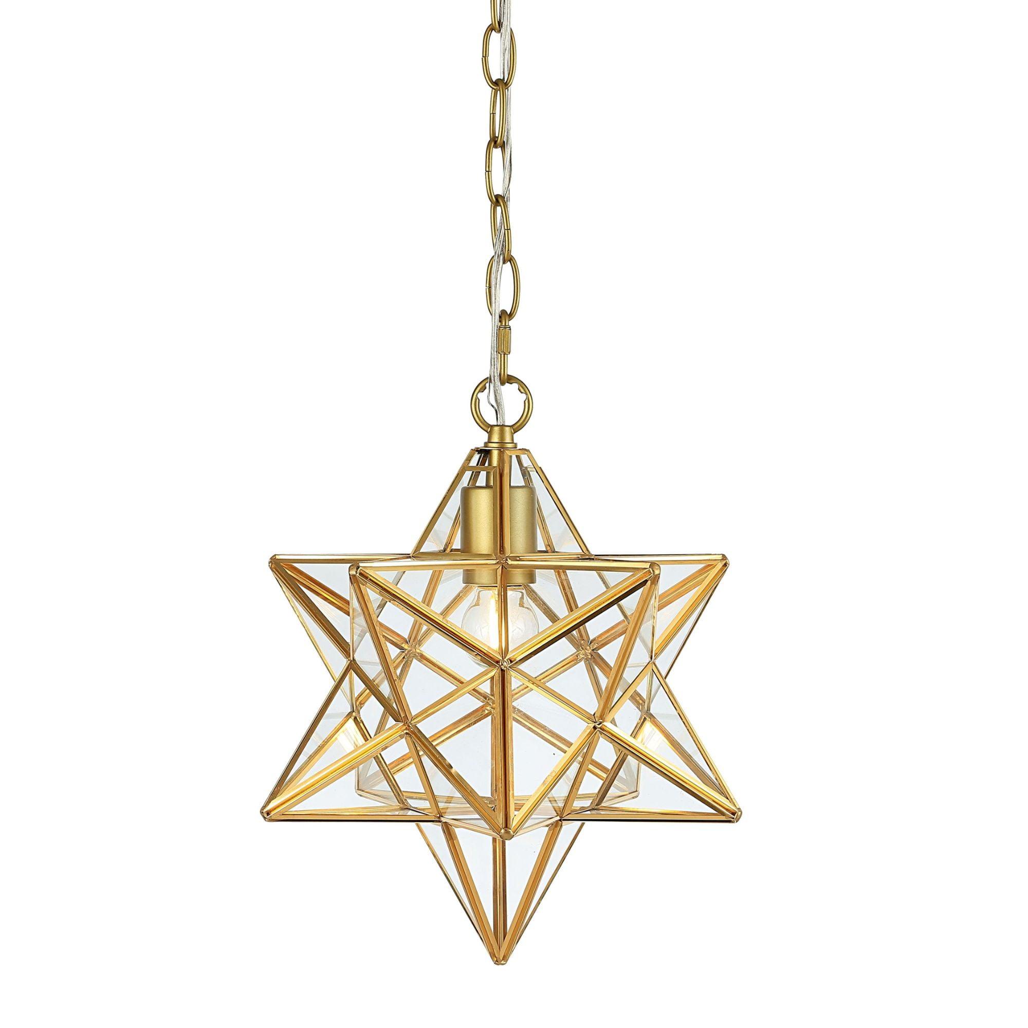 Stella 12" Moravian Star Metal/Clear Glass LED Pendant, Gold Leaf/Clear