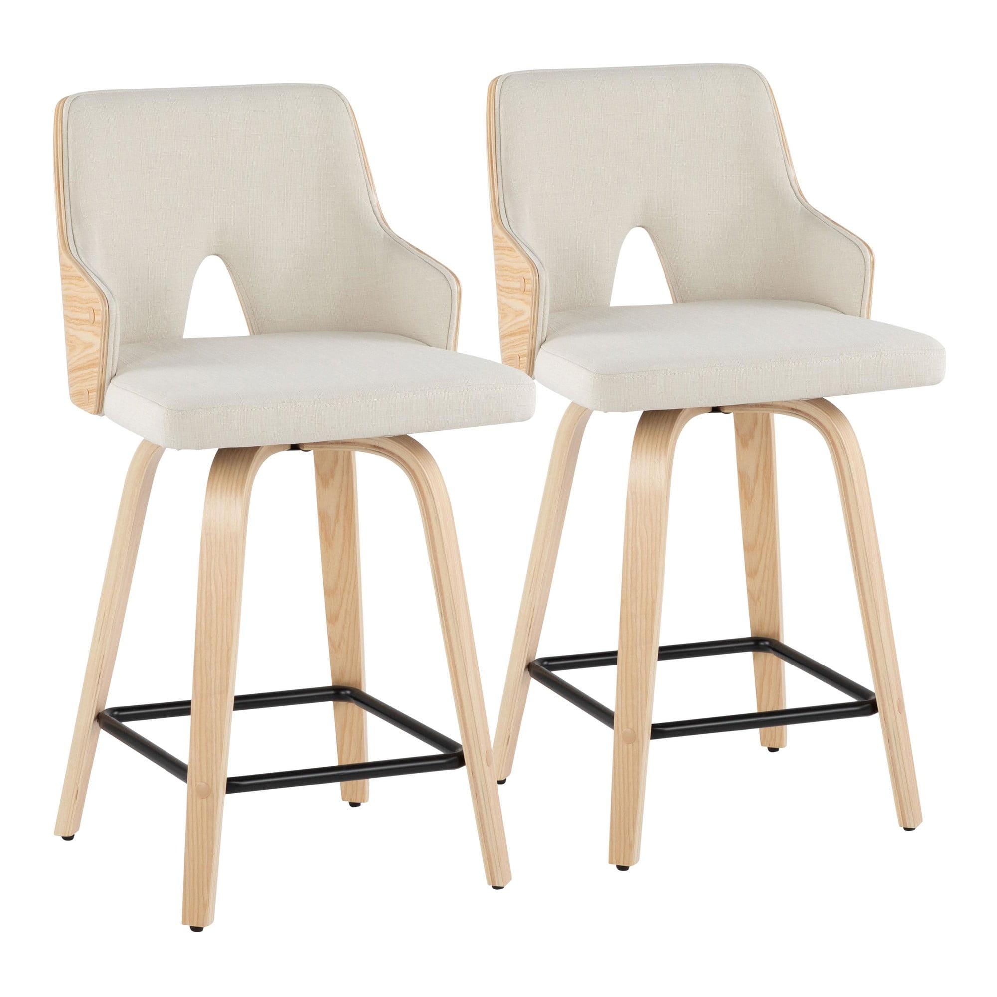 Cream Fabric and Natural Wood Swivel Counter Stools, Set of 2