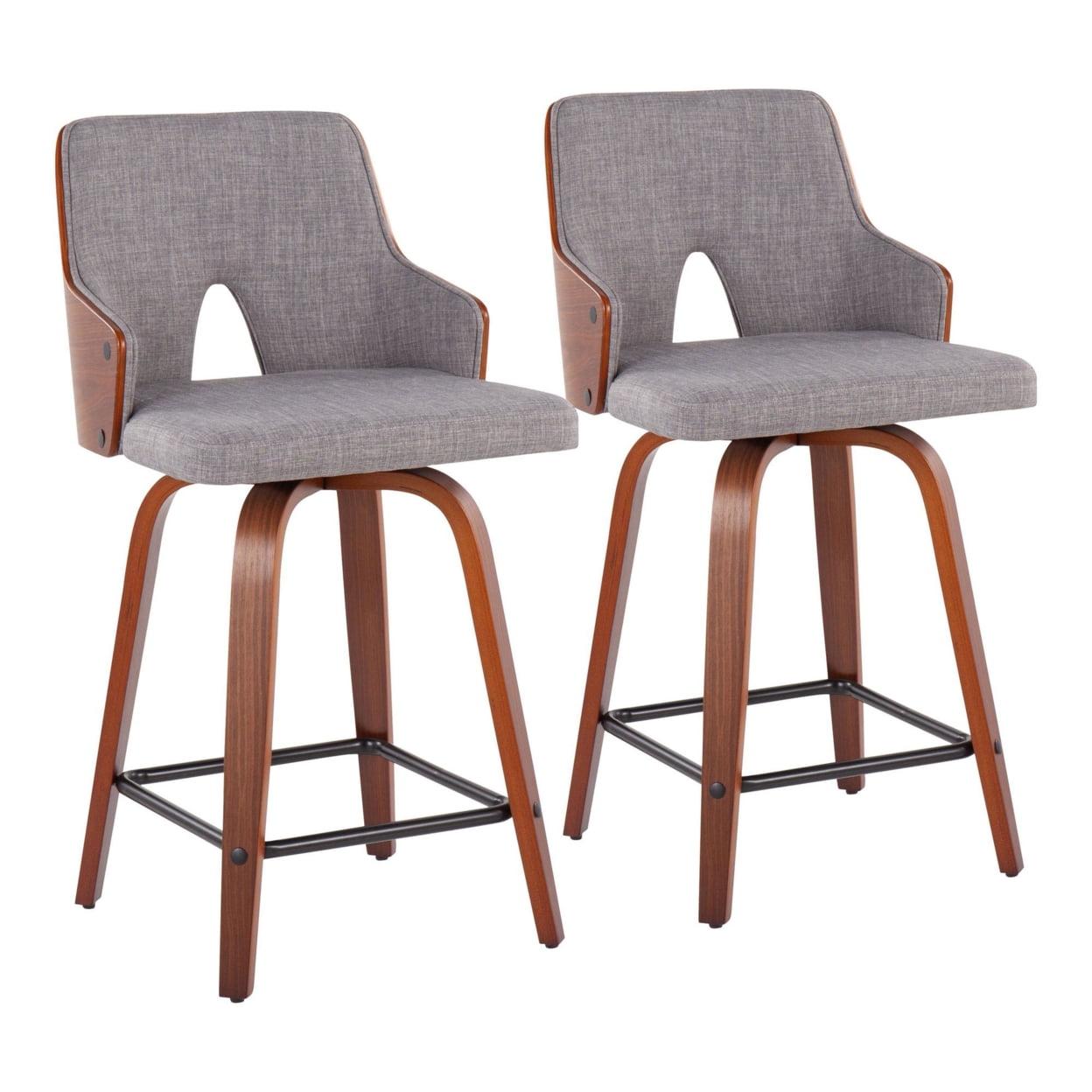 Stella 24" Mid-Century Modern Fixed Height Counter Stool With Swivel In Walnut And Light Grey Fabric - Set Of 2
