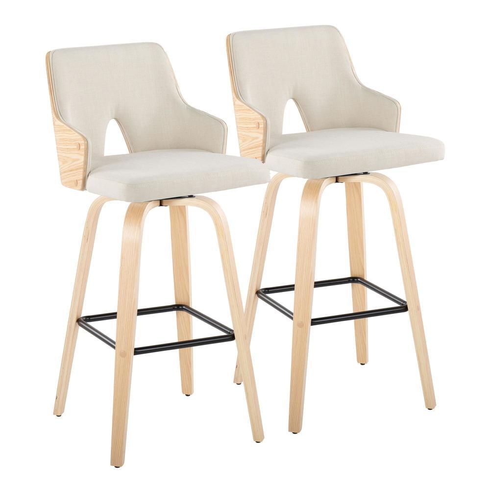 Set of 2 Stella Barstools Natural/Cream/Black: Fixed-Height, Wood Frame & Footrest - LumiSource