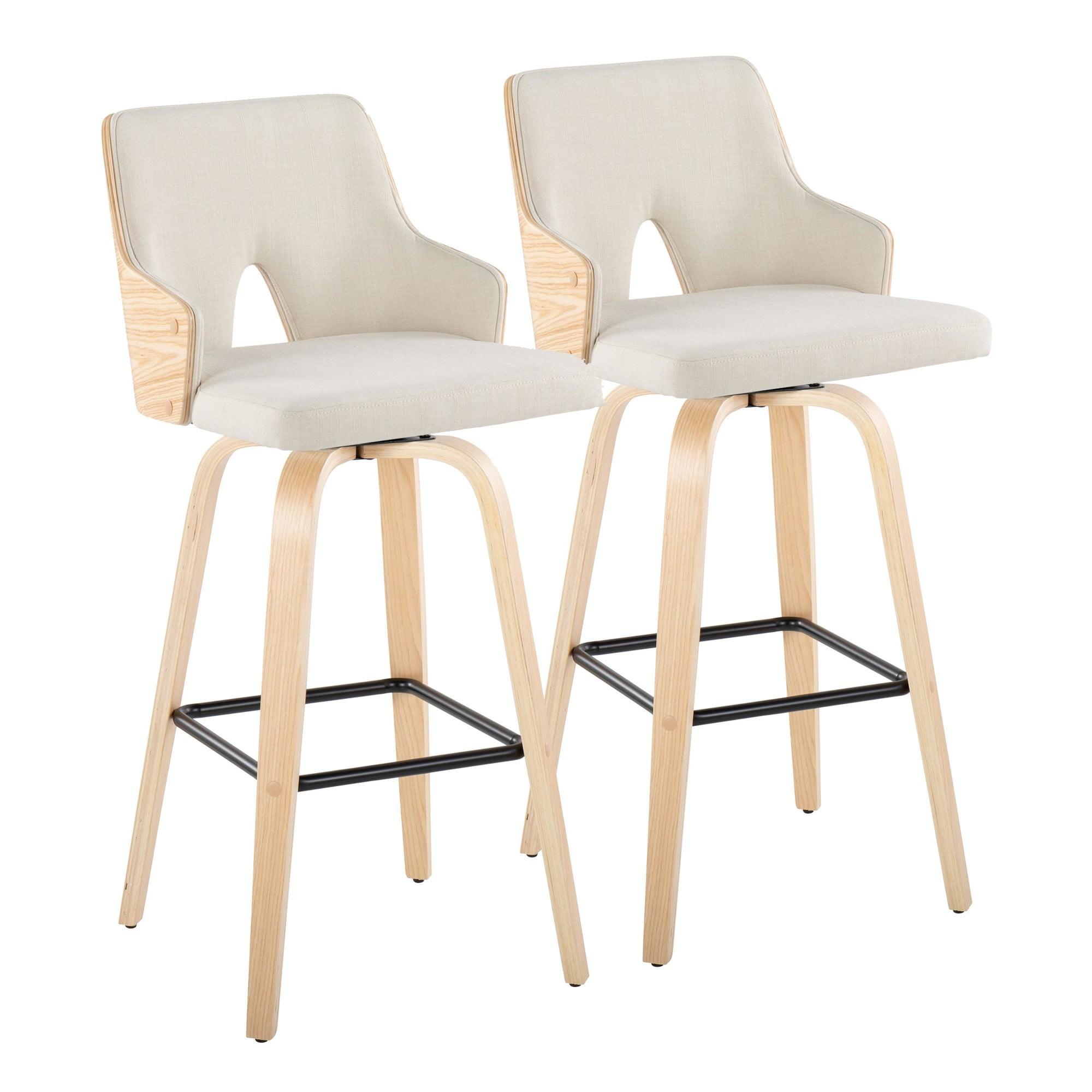 Set of 2 Cream and Natural Wood Swivel Barstools with Black Metal Footrest