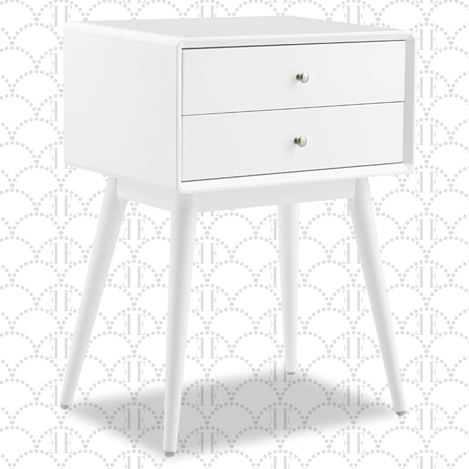 Mid-Century Modern White Wood and Metal Nightstand with Dual Drawers