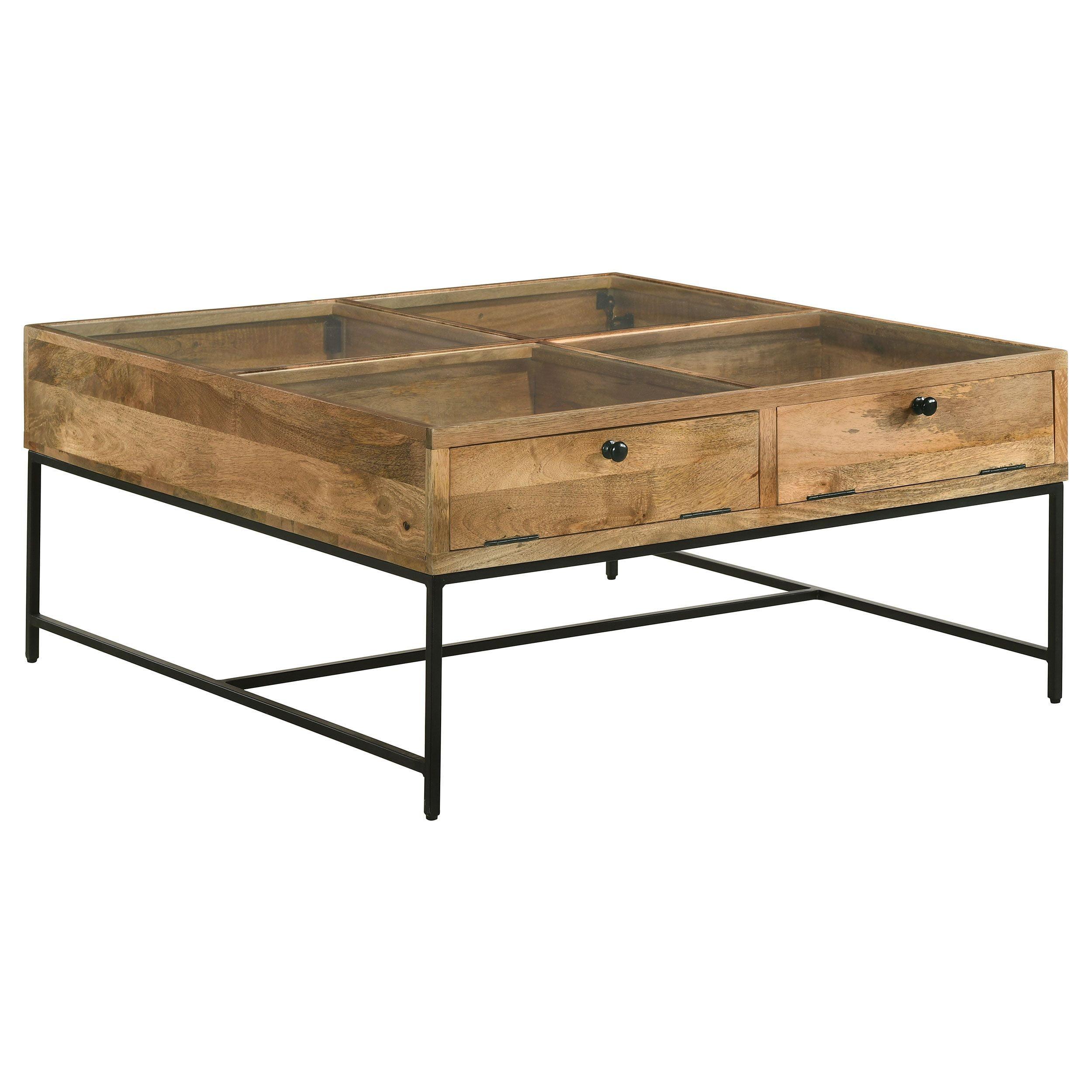 Honey Brown Square Glass Top Coffee Table with Storage