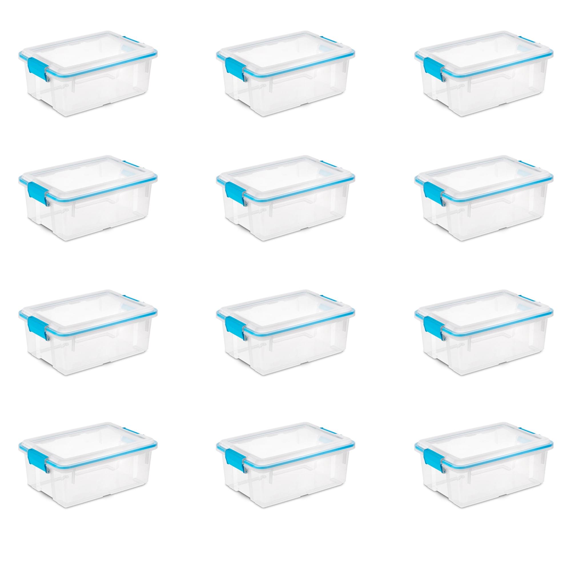 Sterilite 12 Qt Gasket Box, Stackable Storage Bin with Latching Lid and Tight Seal Plastic Container to Organize Basement, Clear Base and Lid, 12-Pack