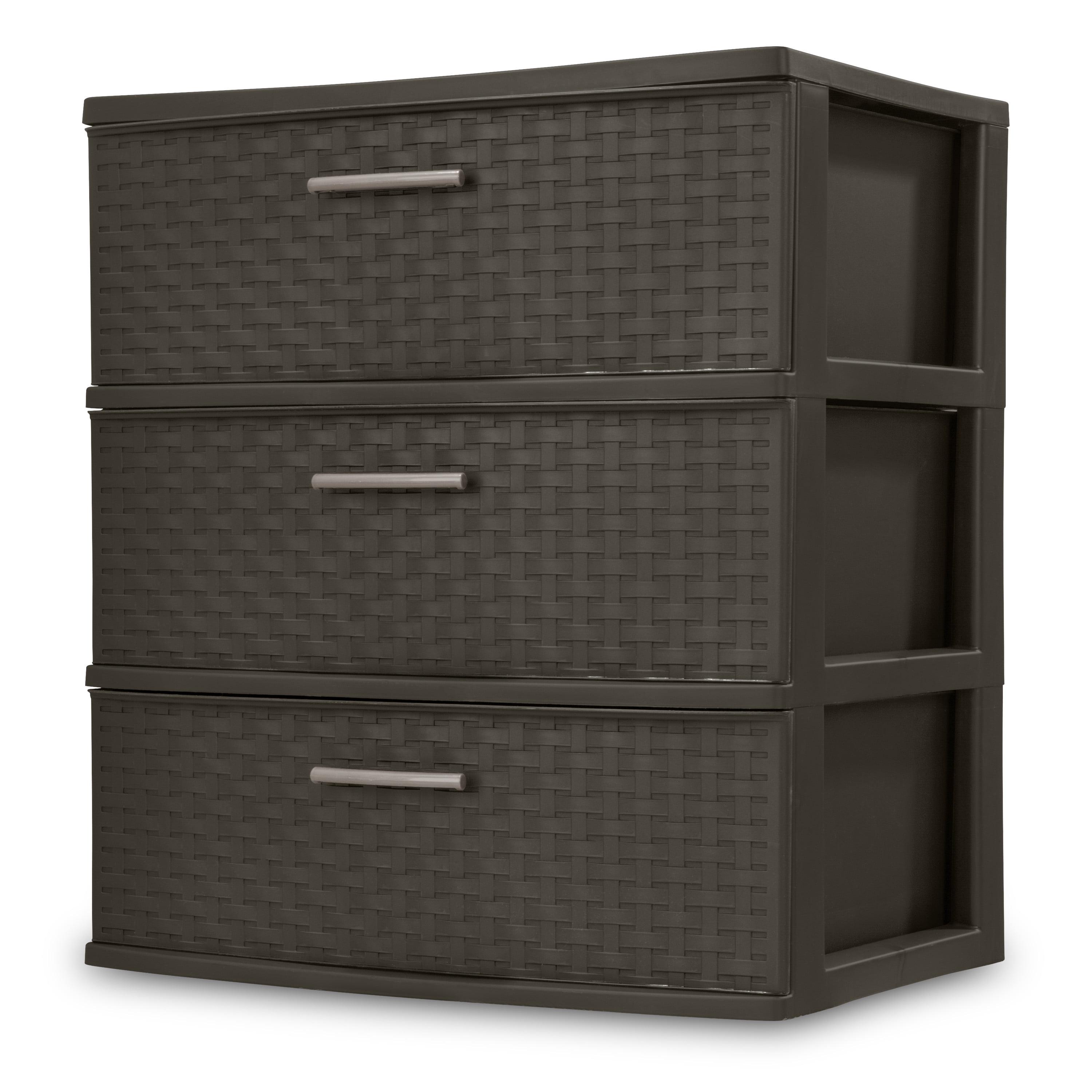 Brown 3-Drawer Wide Weave Plastic Storage Tower