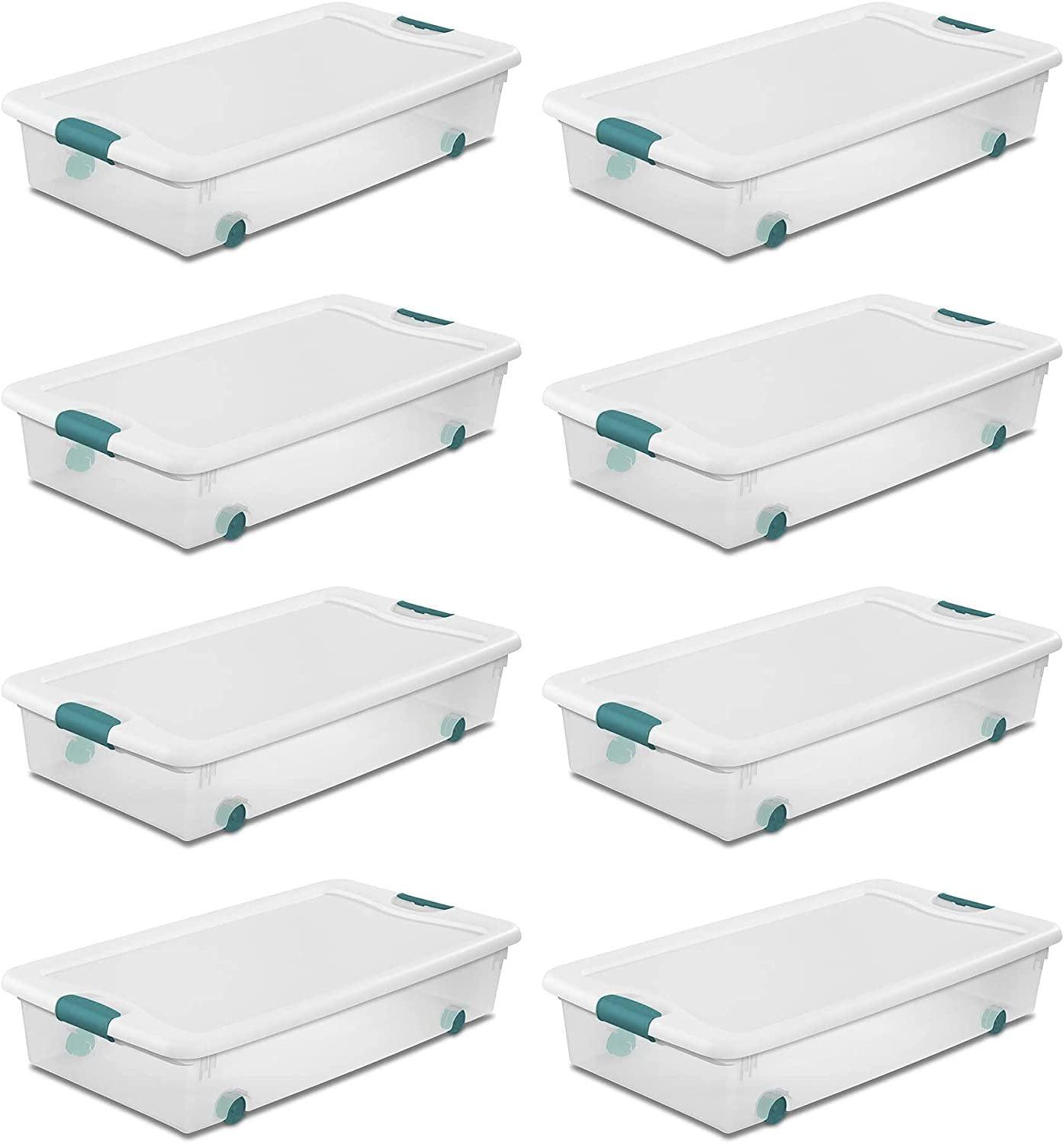 Sterilite 56 Qt Wheeled Latching Storage Box Stackable Bin with Latch Lid, Plastic Container to Organize Shoes Under Bed, Clear with White Lid, 8-Pack