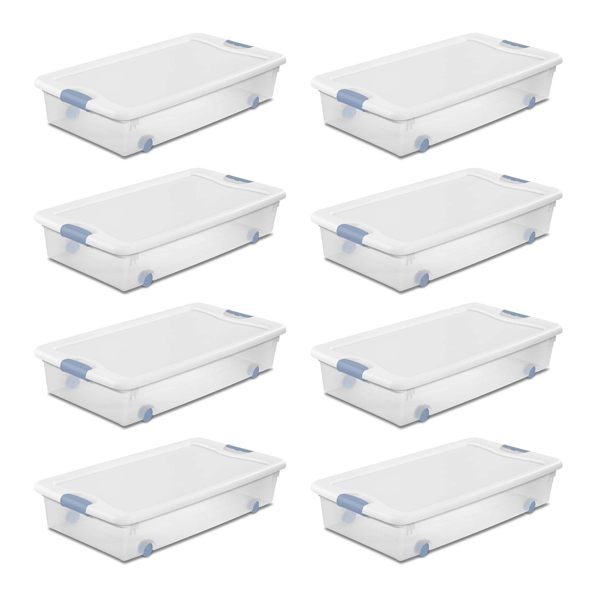 Sterilite 56 Qt Wheeled Latching Storage Box Stackable Bin with Latch Lid, Plastic Container to Organize Shoes Under Bed, Clear with White Lid, 8-Pack