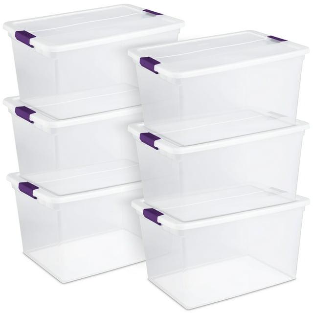 Sterilite 66 Qt ClearView Latch Storage Box, Stackable Bin with Latching Lid, Plastic Container to Organize Clothes in Closet, Clear Base, Lid, 6-Pack