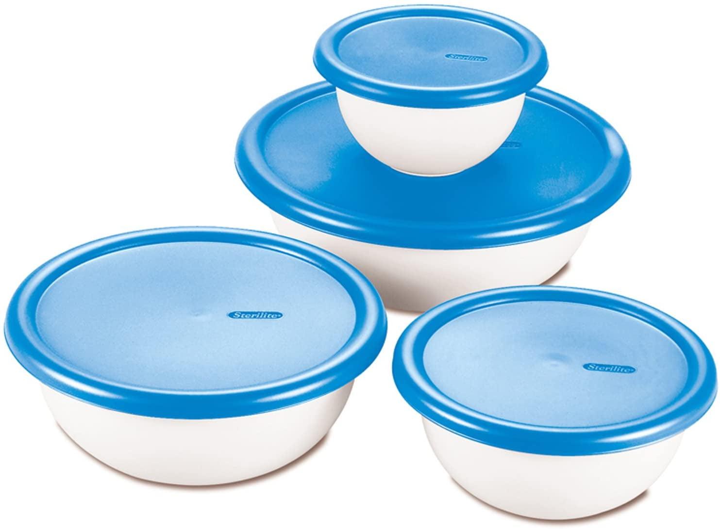 Sterilite 8 Piece Covered Set Bowl, Multisize, White & Blue