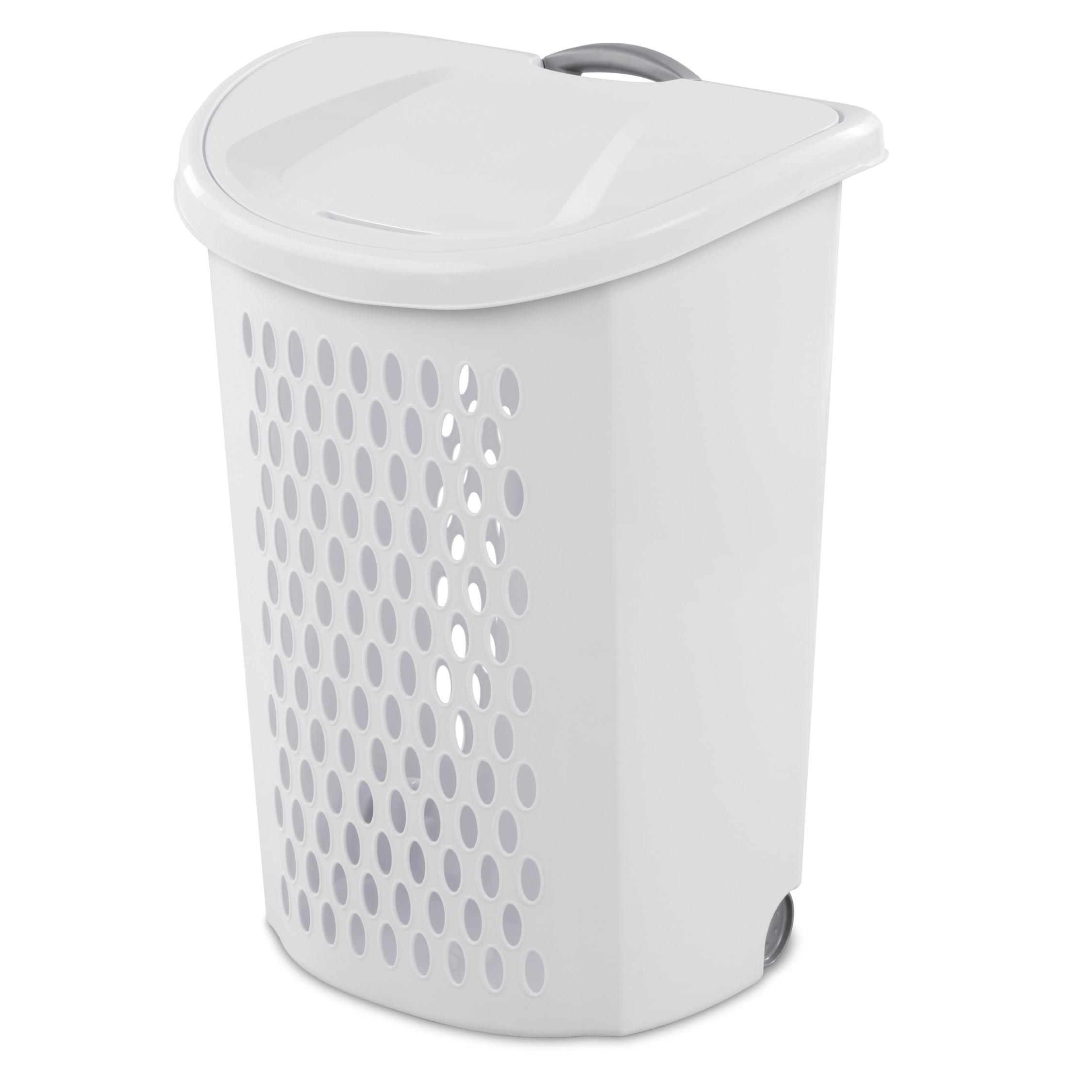 White Plastic Upright Hamper with Wheels and Lid