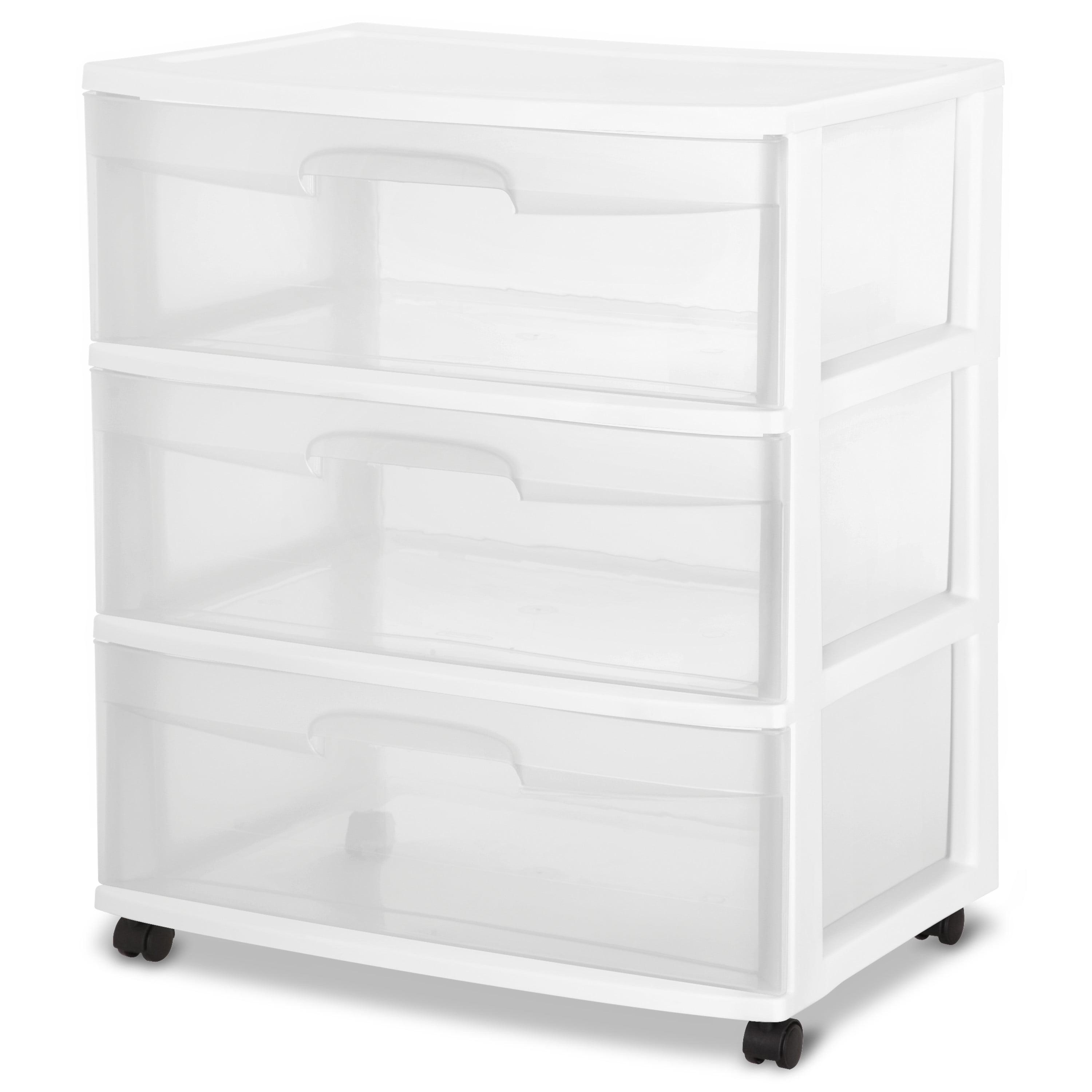 Sterilite Wide 3 Drawer Storage with Wheels, Plastic Rolling Organization Cart for Bedroom, Closet, White with Clear Drawers