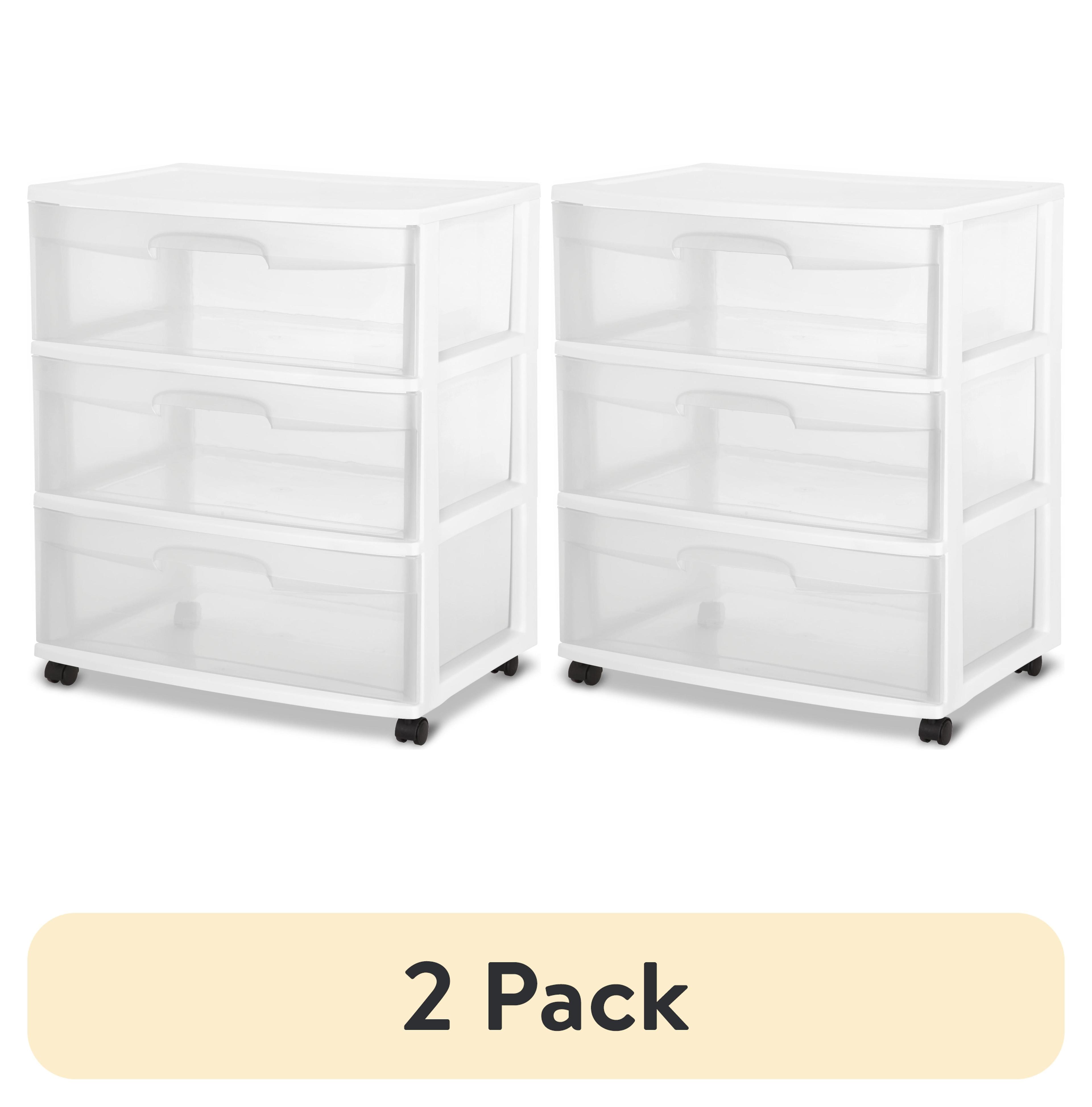 Sterilite Wide 3 Drawer Storage Cart, Plastic Rolling Cart with Wheels to Organize Clothes in Bedroom, Closet, White with Clear Drawers, 2-Pack