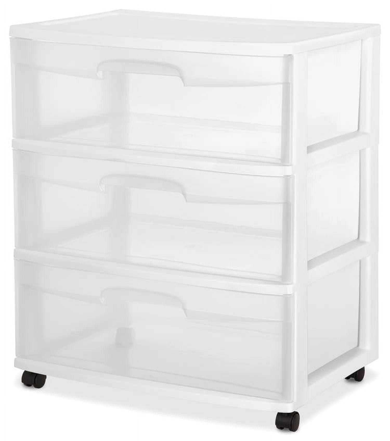 Sterilite Wide 3 Drawer Storage Cart, Plastic Rolling Cart with Wheels to Organize Clothes in Bedroom, Closet, White with Clear Drawers, 2-Pack