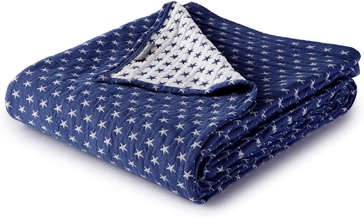 Navy and White Star Reversible Cotton Queen Blanket