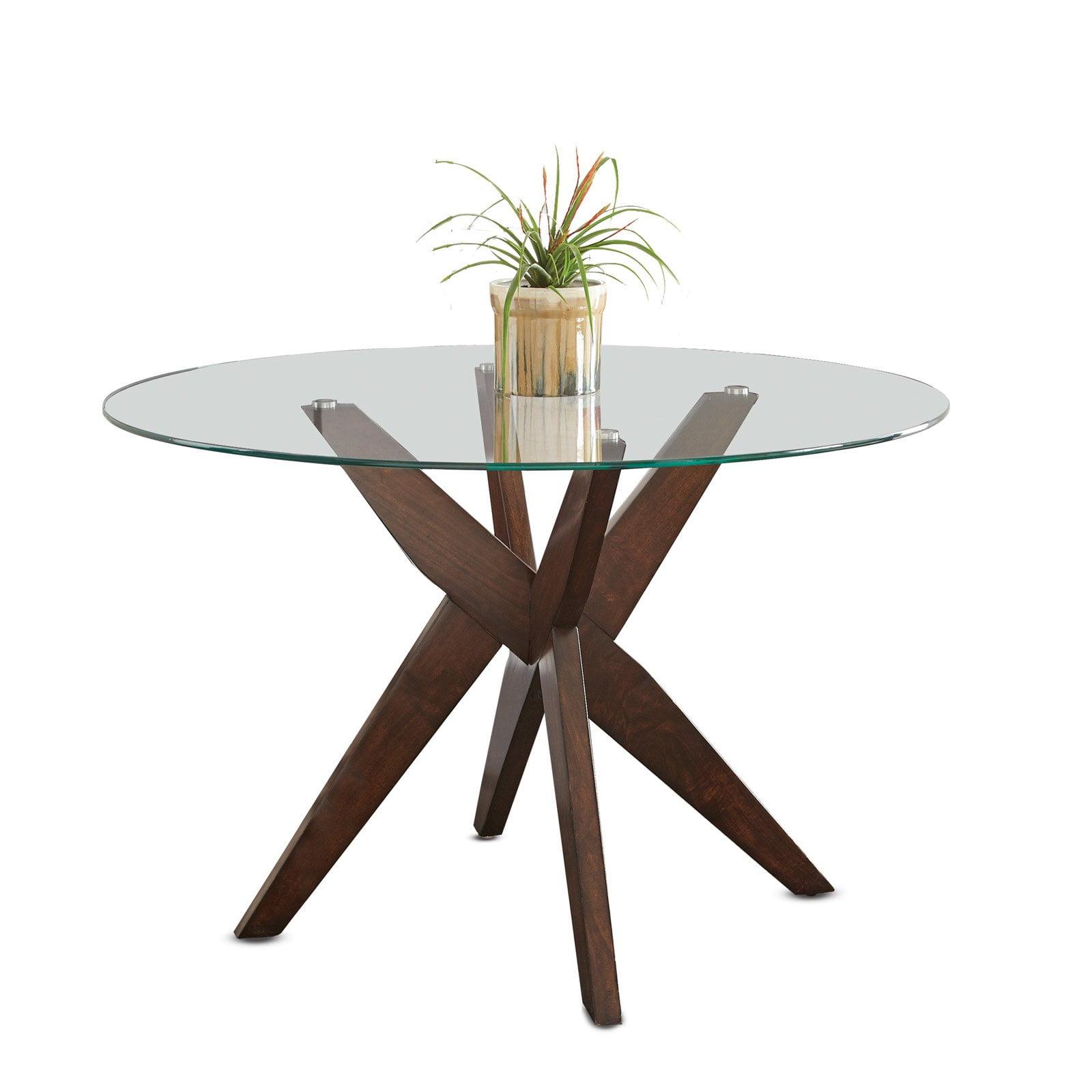 48" Round Clear Glass Top Walnut Base Dining Table for Six