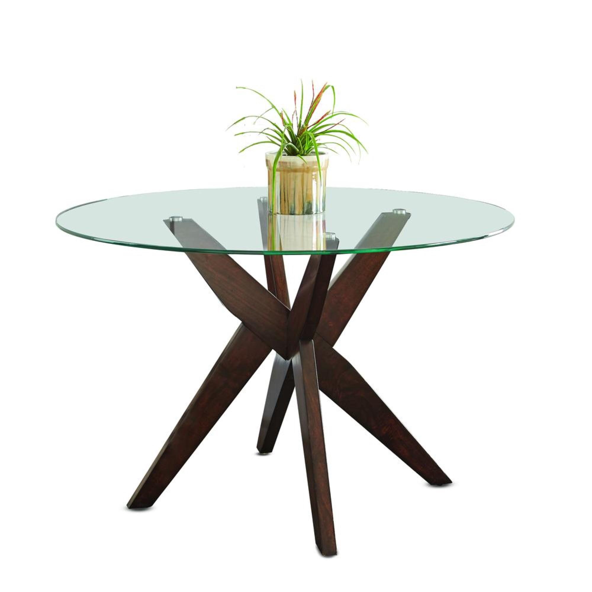 48" Round Clear Glass Top Walnut Base Dining Table for Six