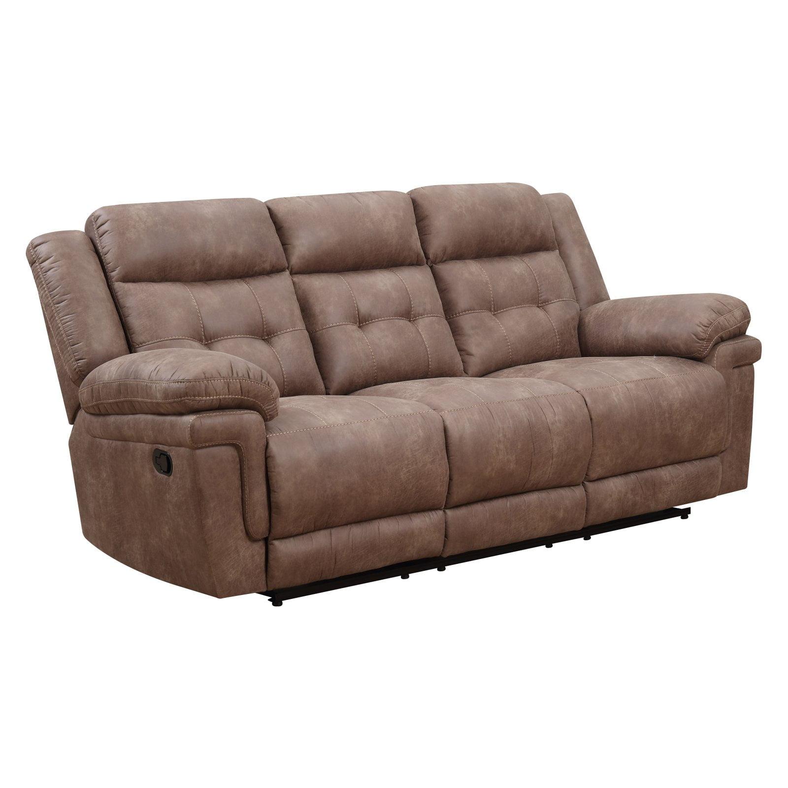 Cocoa Brown Tufted Fabric Reclining Sofa with Solid Wood Frame