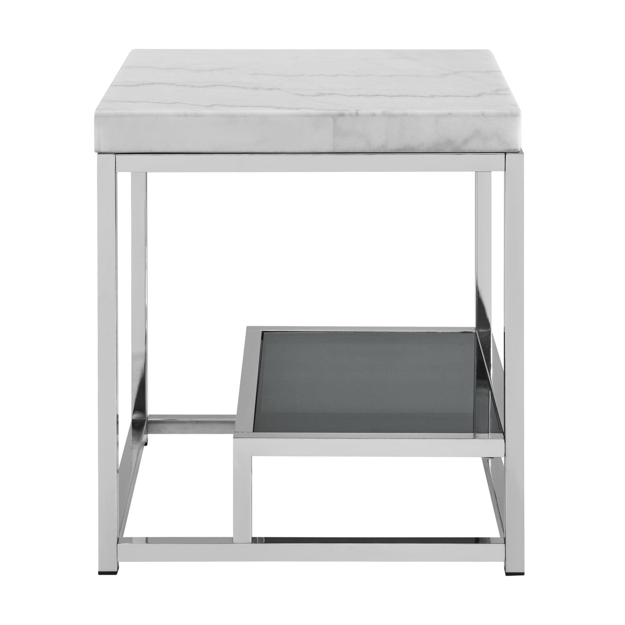 Aston White Marble and Chrome Square End Table with Shelf