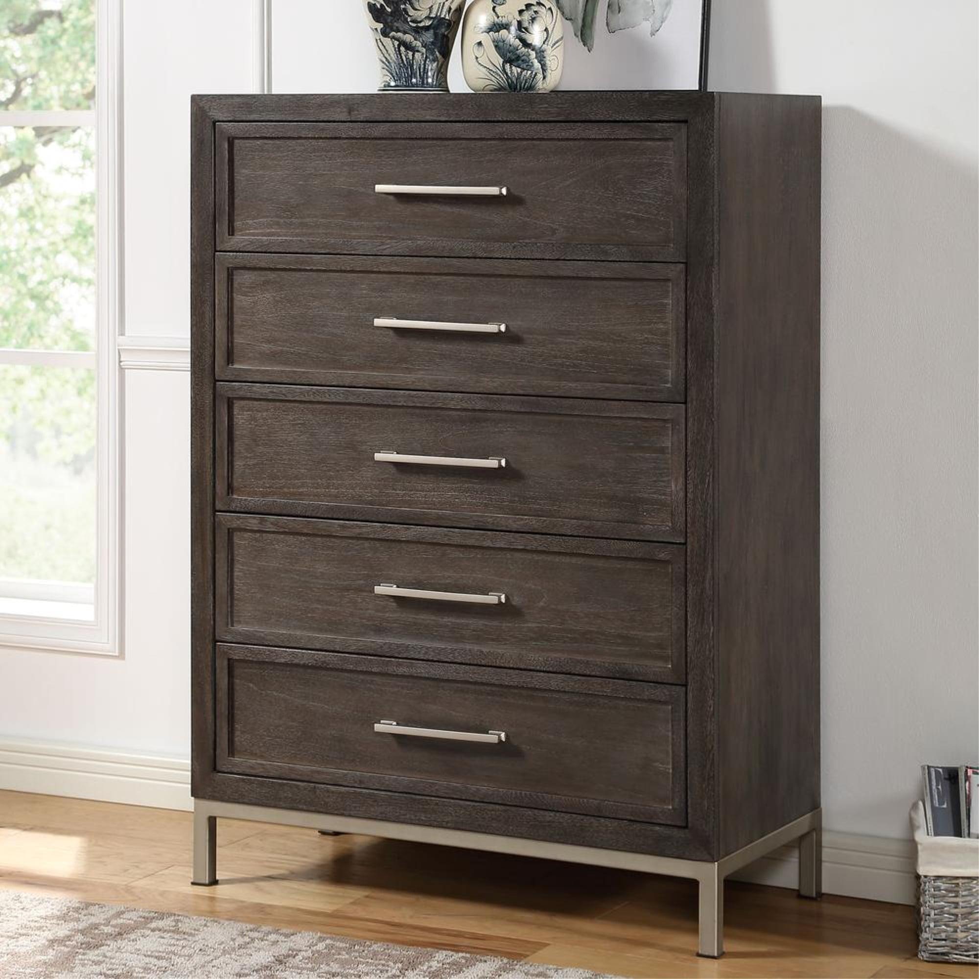 Elegant Walnut and Champagne 5-Drawer Transitional Chest