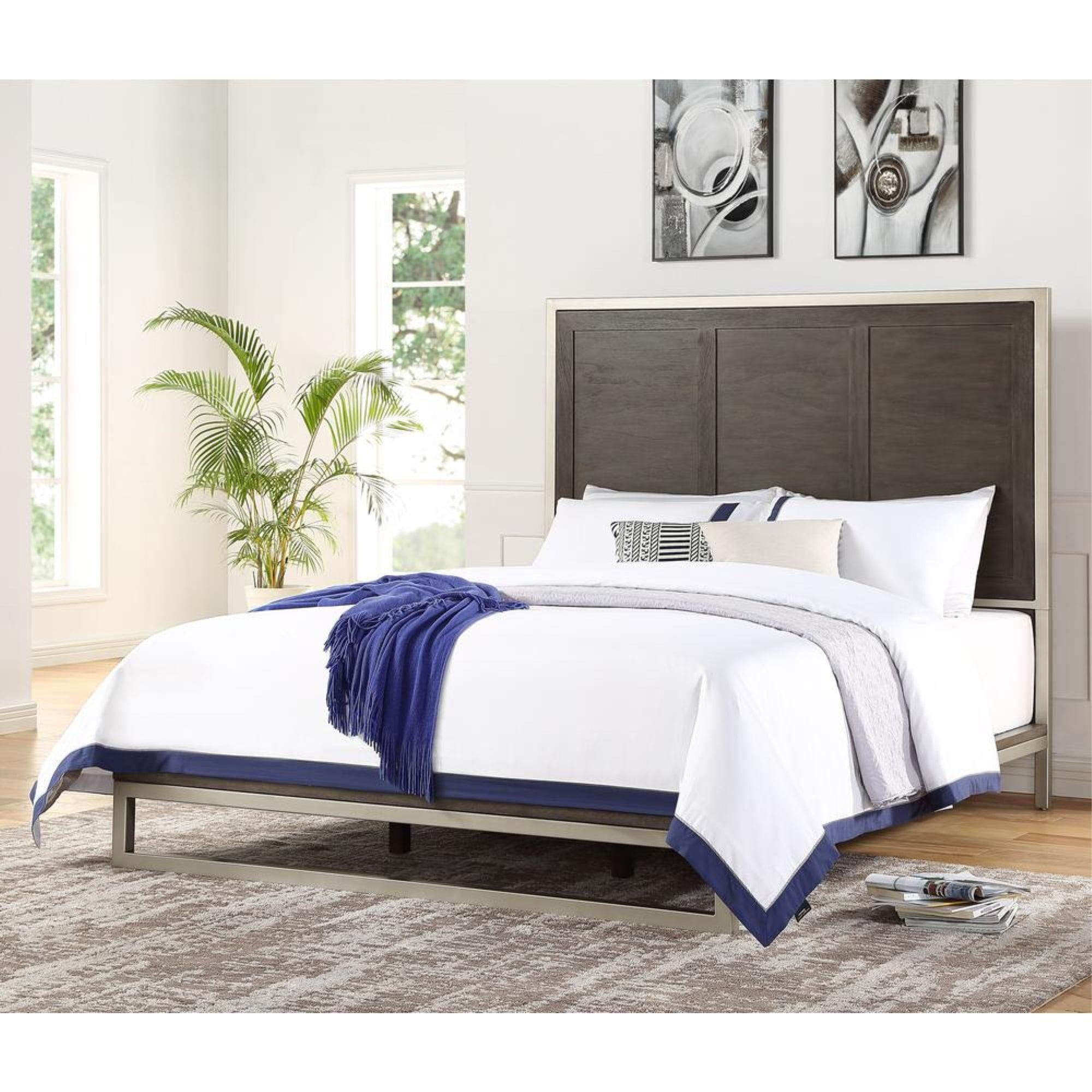 Walnut and Silver Upholstered Queen Platform Bed with Nailhead Trim