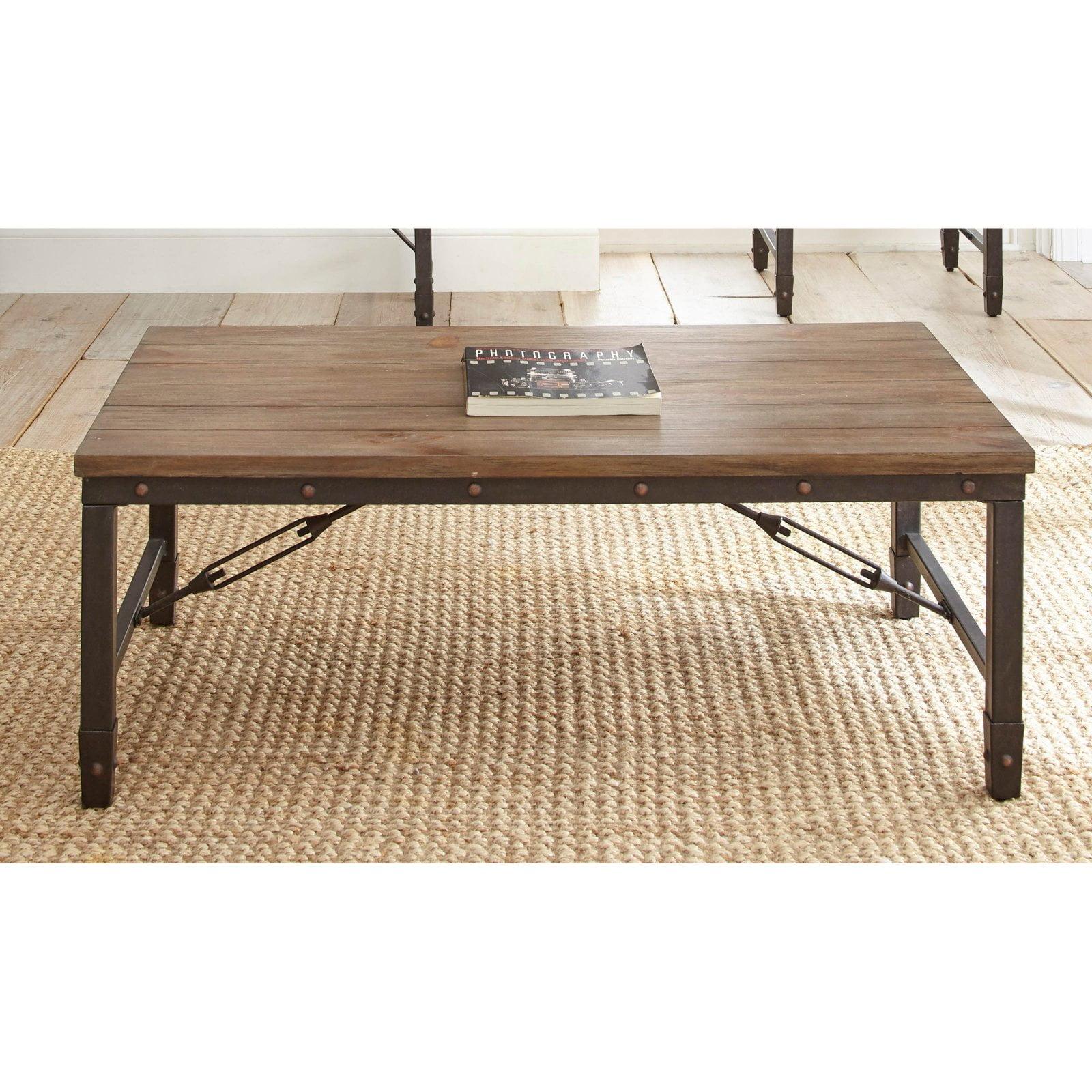 Riveted Antique Tobacco 48" Industrial Coffee Table with Plank-Effect Top