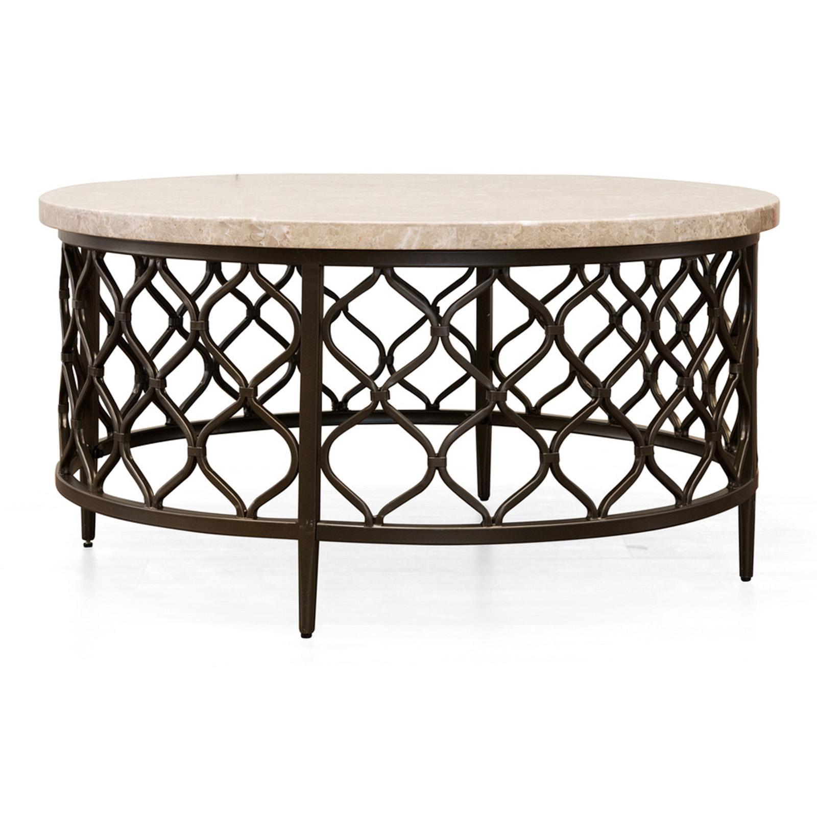 Roland Round White Stone Top Coffee Table with Bronze Metal Base