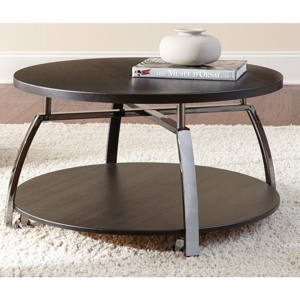 Round Black Nickel and Wood Coffee Table with Casters