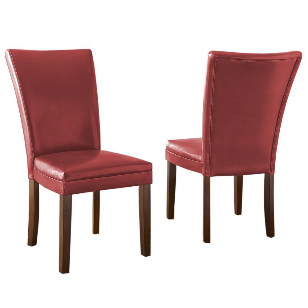 Red Leather Upholstered Parsons Side Chair with Dark Oak Legs