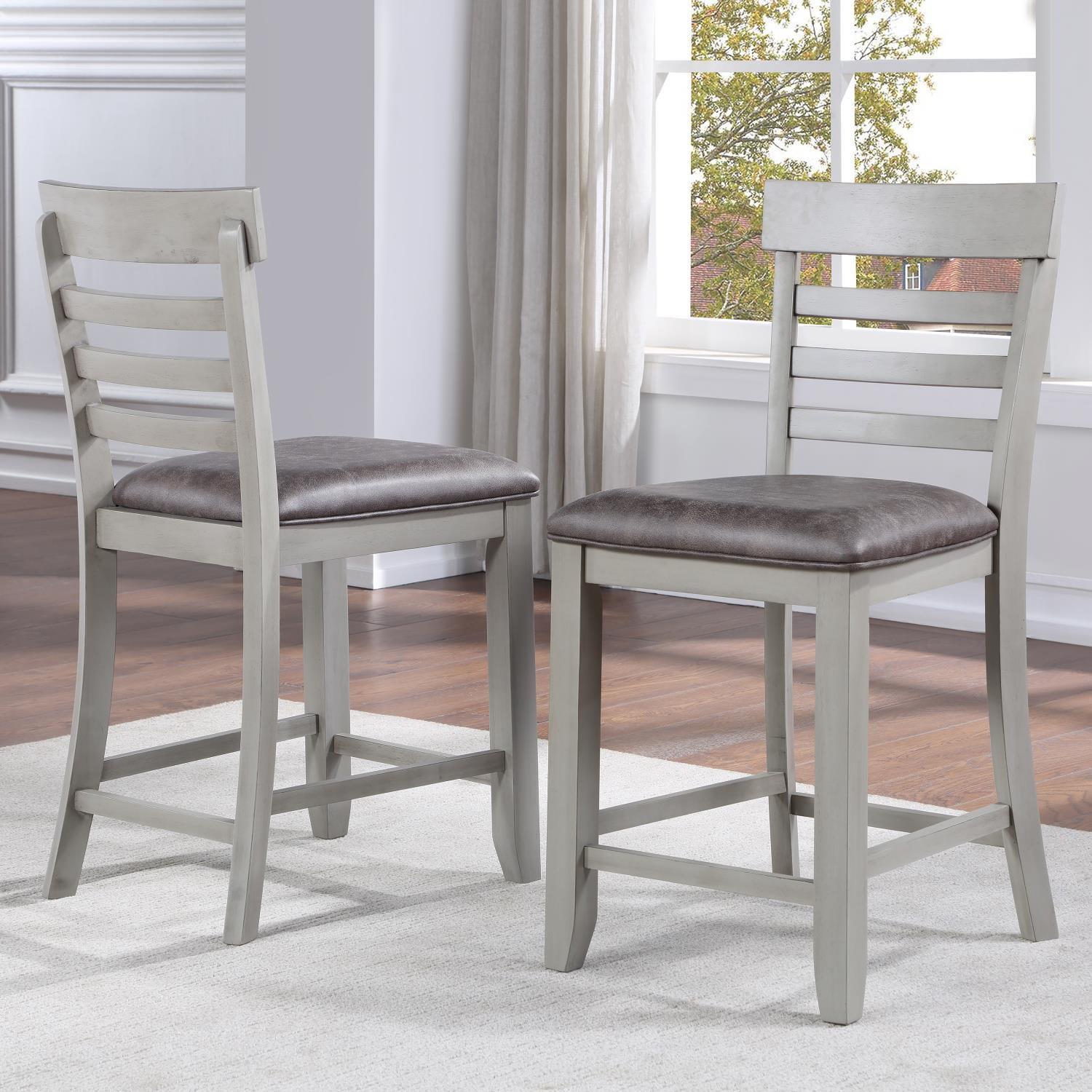 Set of 2 Transitional Stone Gray Wood Counter Stools with Faux Leather Seat